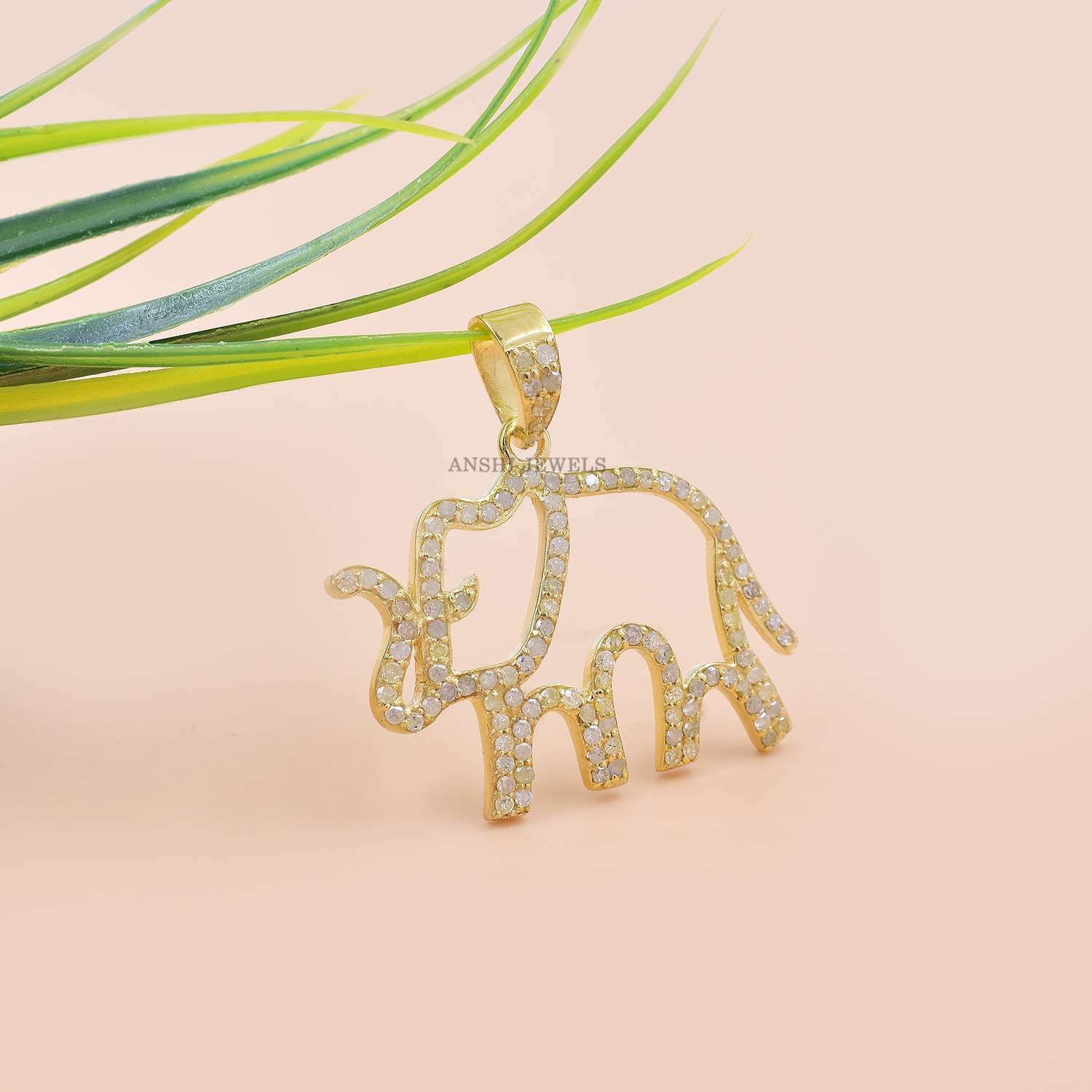 14K Yellow Gold Plated Elephant Pendant, Single Cut Diamond Pendant - Image 3