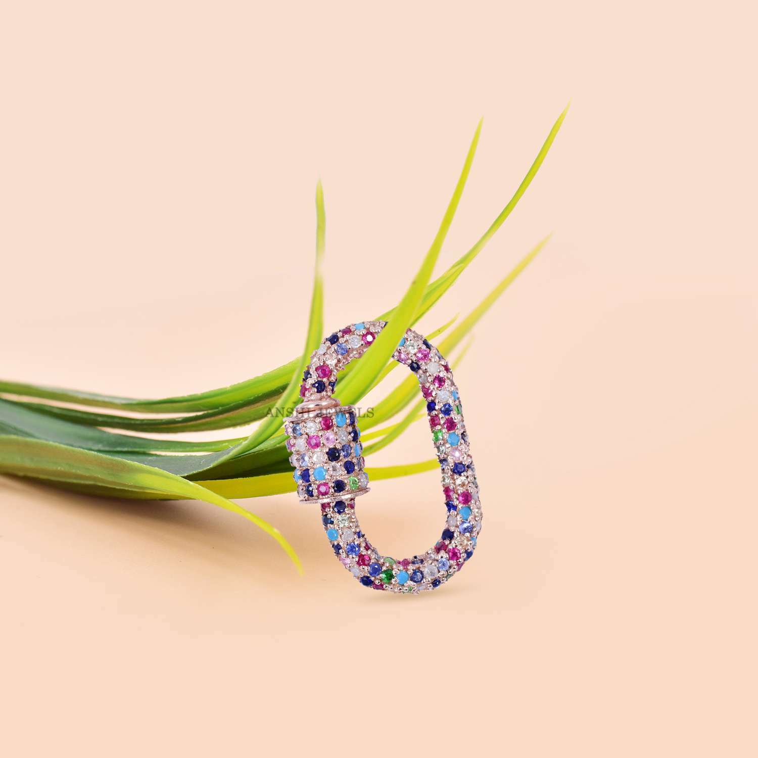14K Rose Gold Plated Multi Stone Carabiner Lock