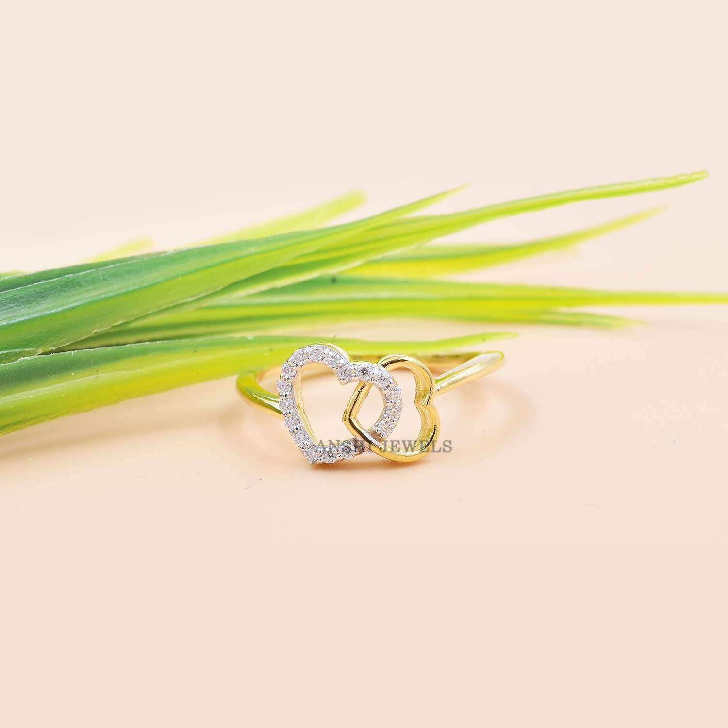14K Yellow Gold Band Ring, Double Cut Diamond Heart Band Ring Jewelry - Image 3