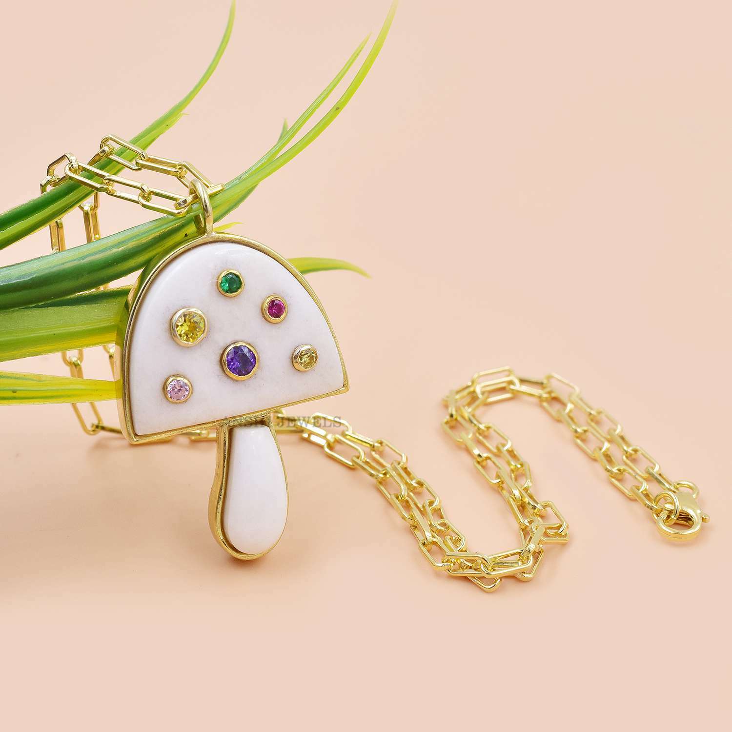 14K Gold Plated Mushroom Necklace, White Agate Mushroom Necklace