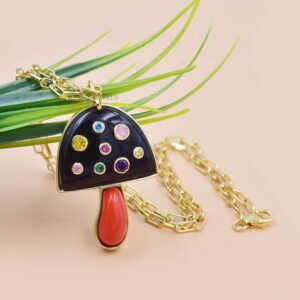 14K Gold Plated Mushroom Necklace, Black Onyx & Coral Mushroom Necklace