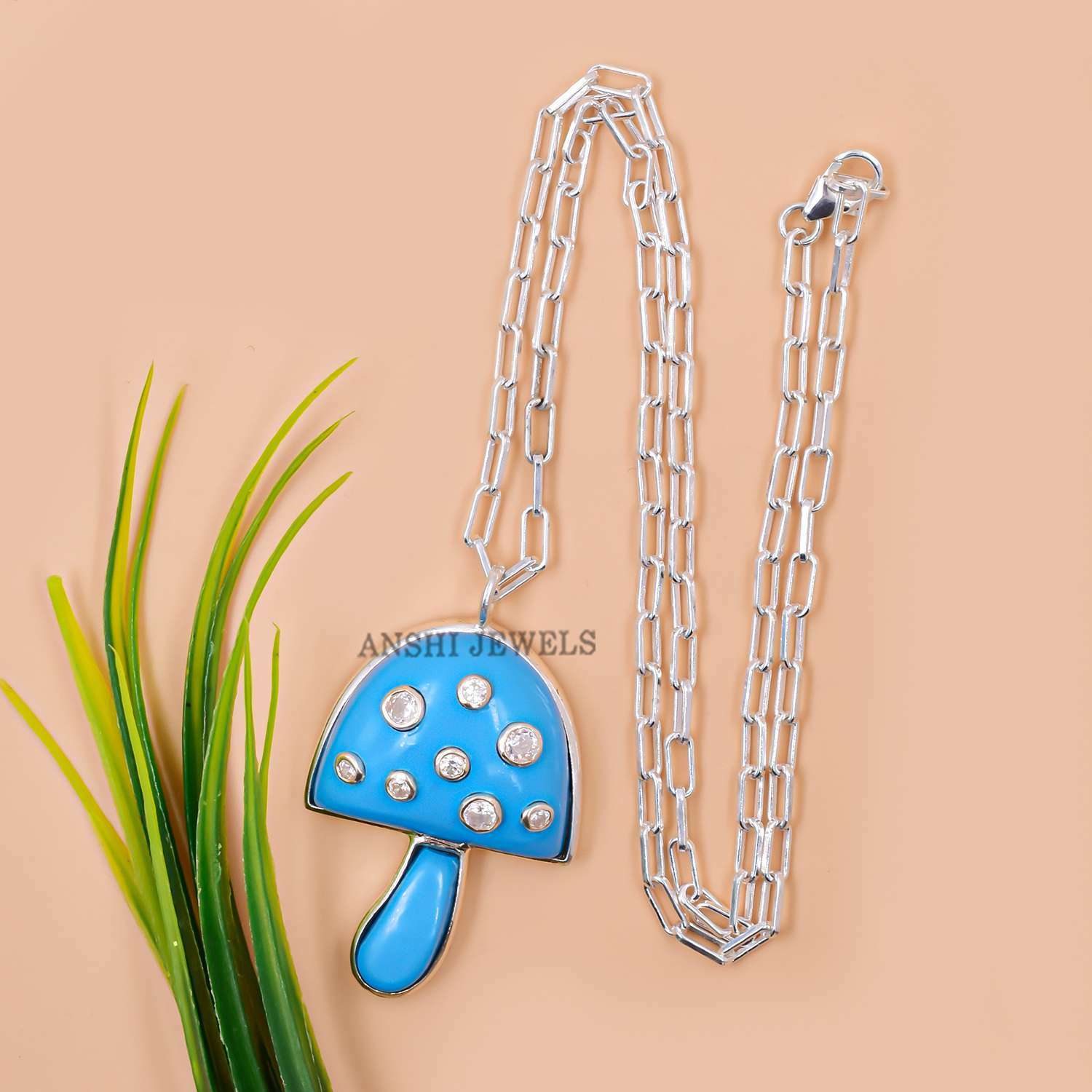 14K Gold Plated Mushroom Necklace, Turquoise & Topaz Mushroom Necklace - Image 4