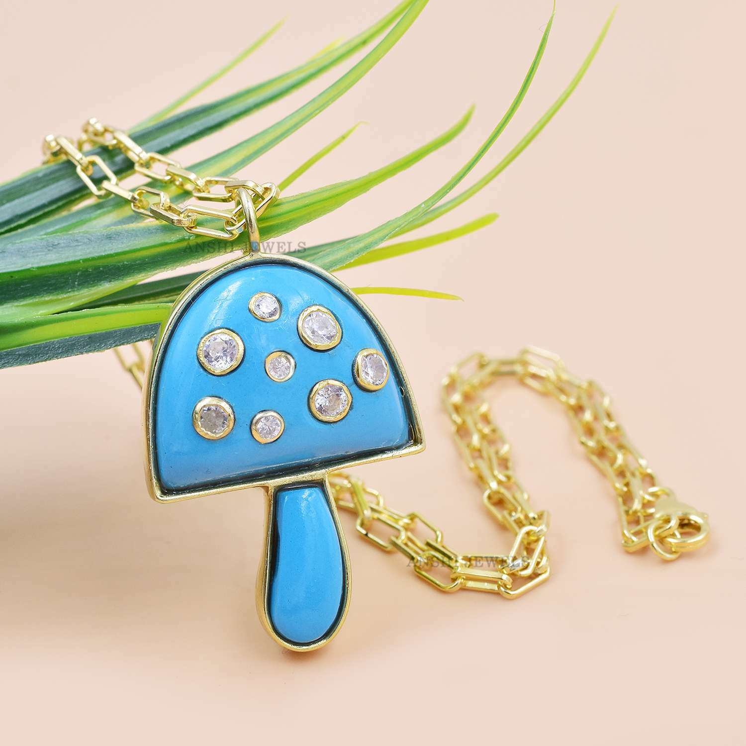 14K Gold Plated Mushroom Necklace, Turquoise & Topaz Mushroom Necklace