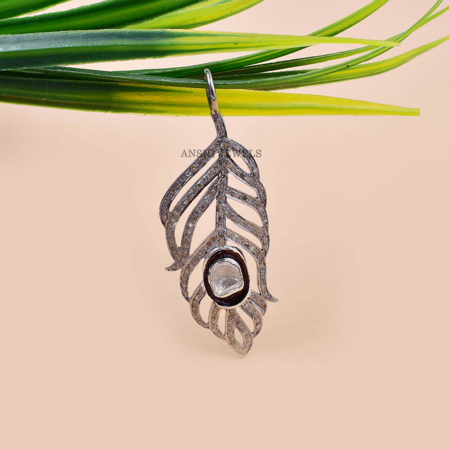 Gray Plated Silver Peacock Feather Pendant, Diamond Peacock Feather Pendant - Image 3