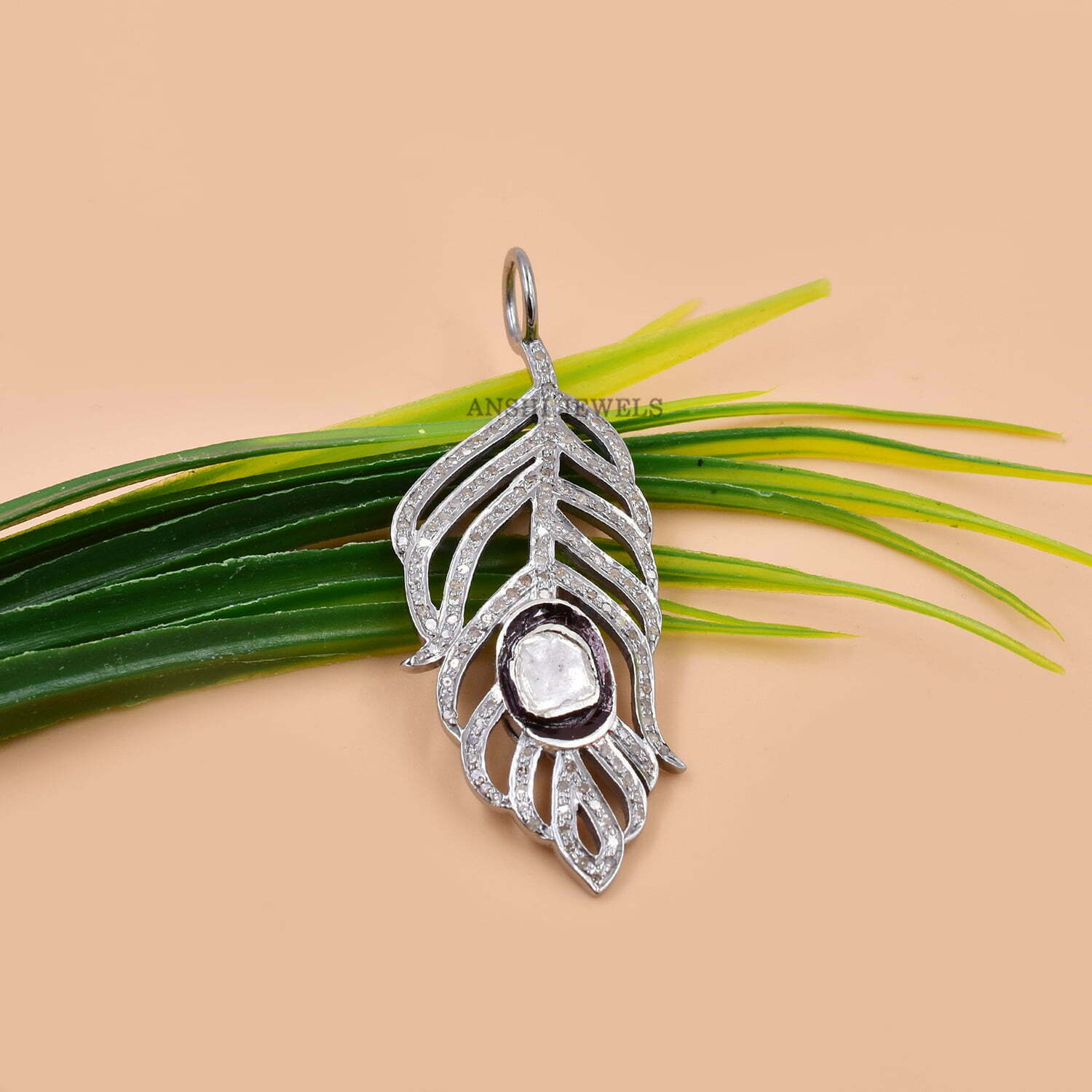 Gray Plated Silver Peacock Feather Pendant, Diamond Peacock Feather Pendant