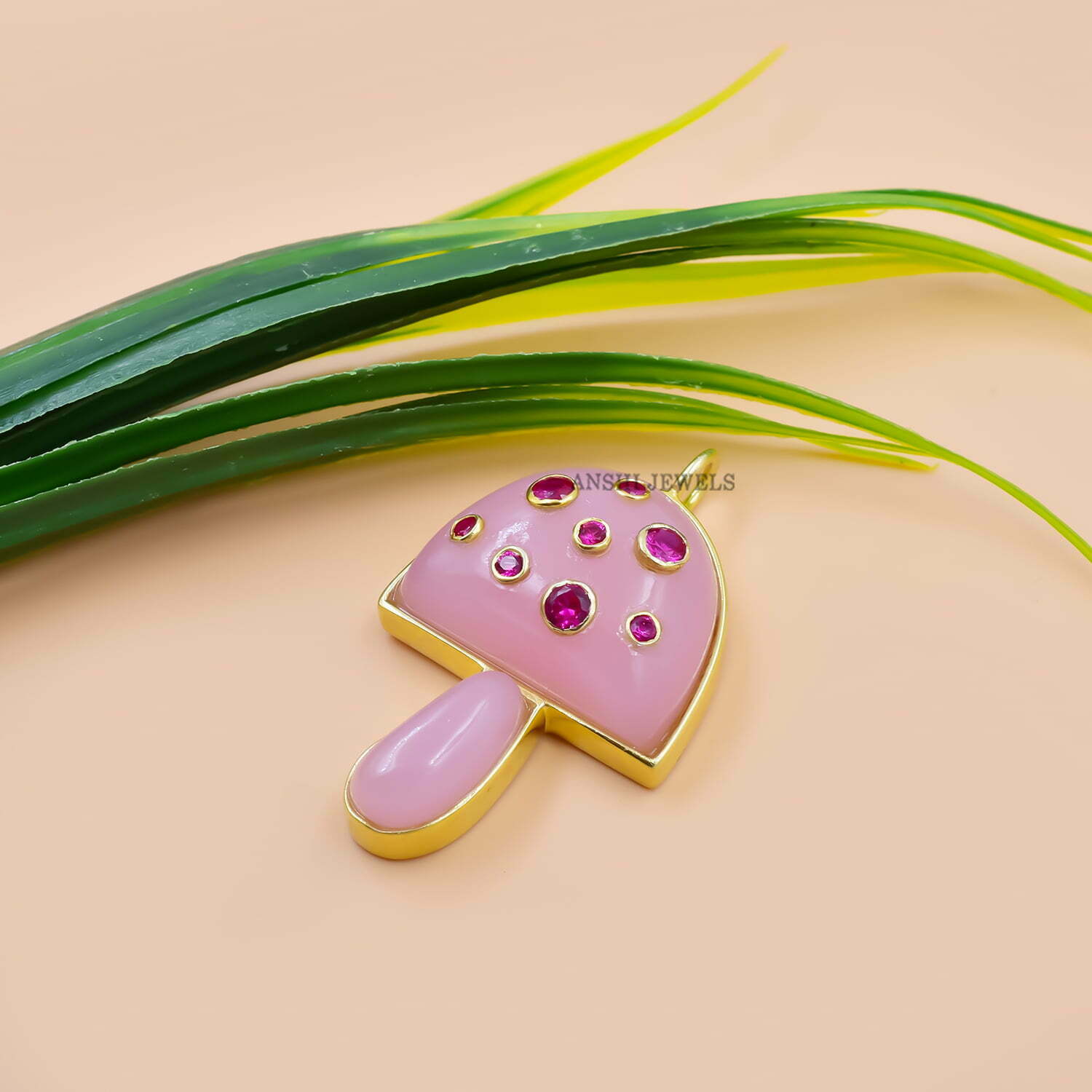 14K Yellow Gold Plated Mushroom, Rose Quartz Mushroom Pendant - Image 3