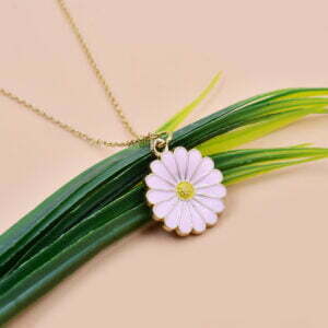 14K Yellow Gold Plated Daisy Floral Necklace, Designer Enamel Pink Daisy Floral Necklace