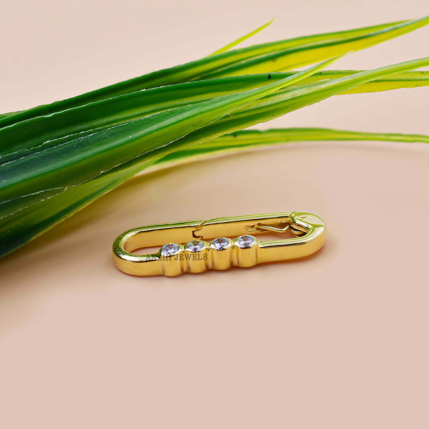 14K Yellow Gold Enhancer Lock, Cubic Zirconia Enhancer Charm Lock, Four Stone Clasp Lock - Image 3