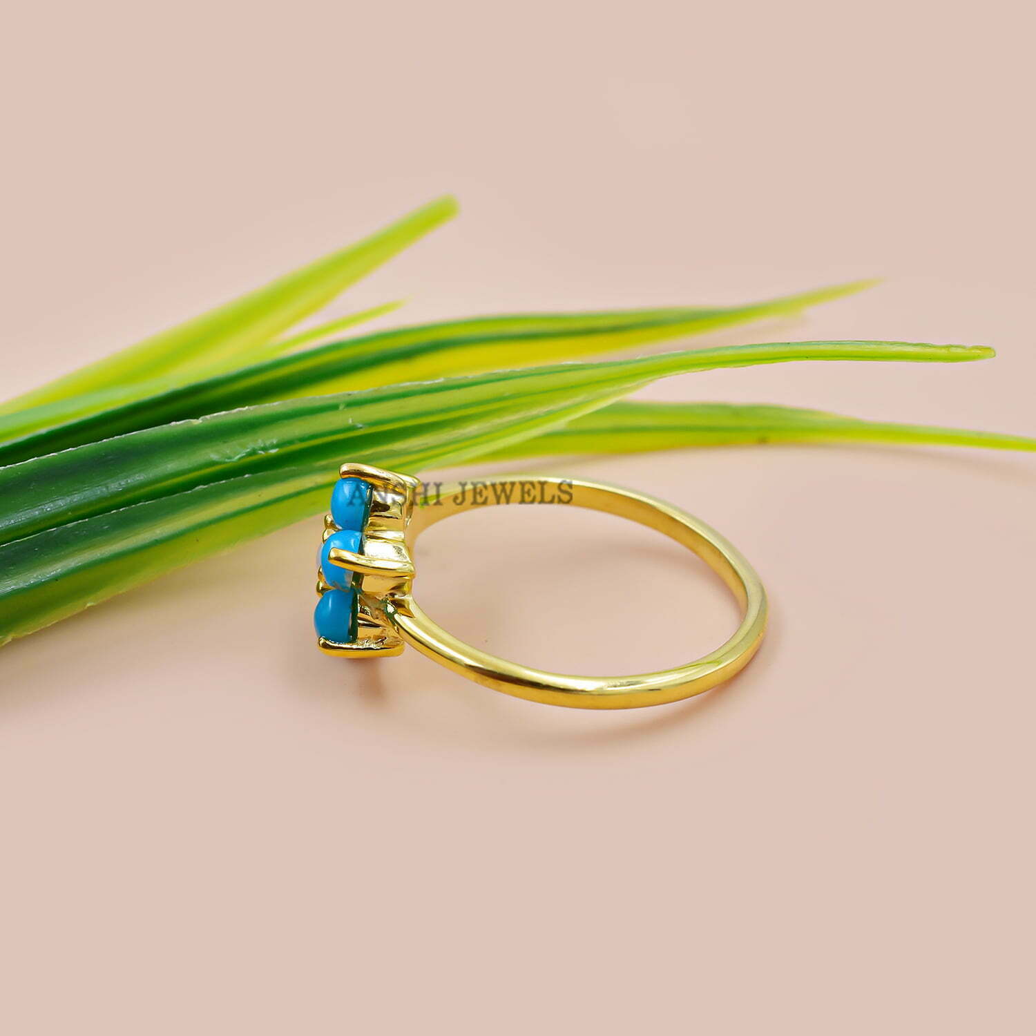 14K Gold Plated Band Ring, Turquoise & Pearl Band Ring, Women Turquoise Ring, Thin Turquoise Band Ring - Image 3