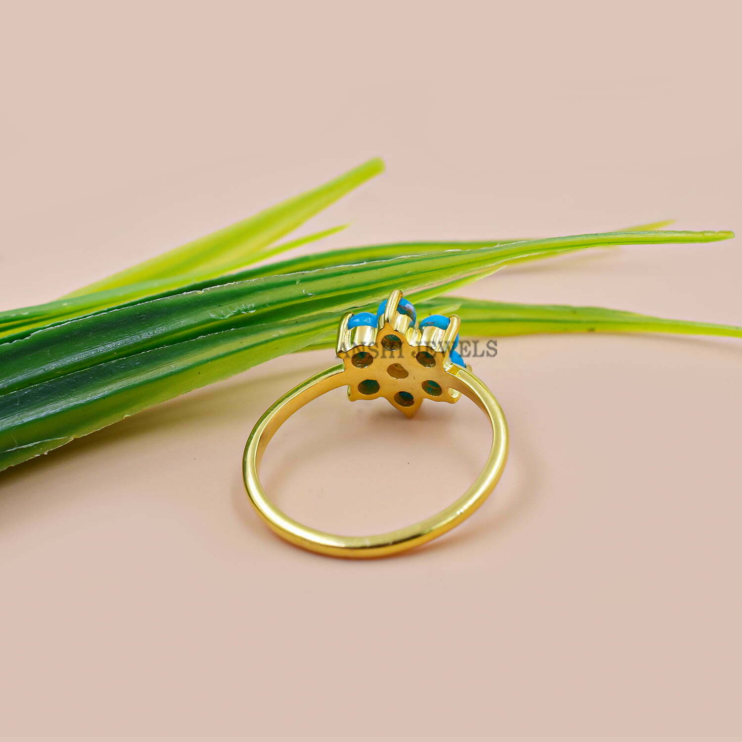 14K Gold Plated Band Ring, Turquoise & Pearl Band Ring, Women Turquoise Ring, Thin Turquoise Band Ring - Image 4