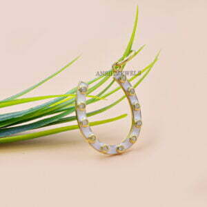 14K Yellow Gold Plated Pendant, Single Cut Diamond Horseshoe Charm, White Enamel Pendant, Diamond Horseshoe Charm