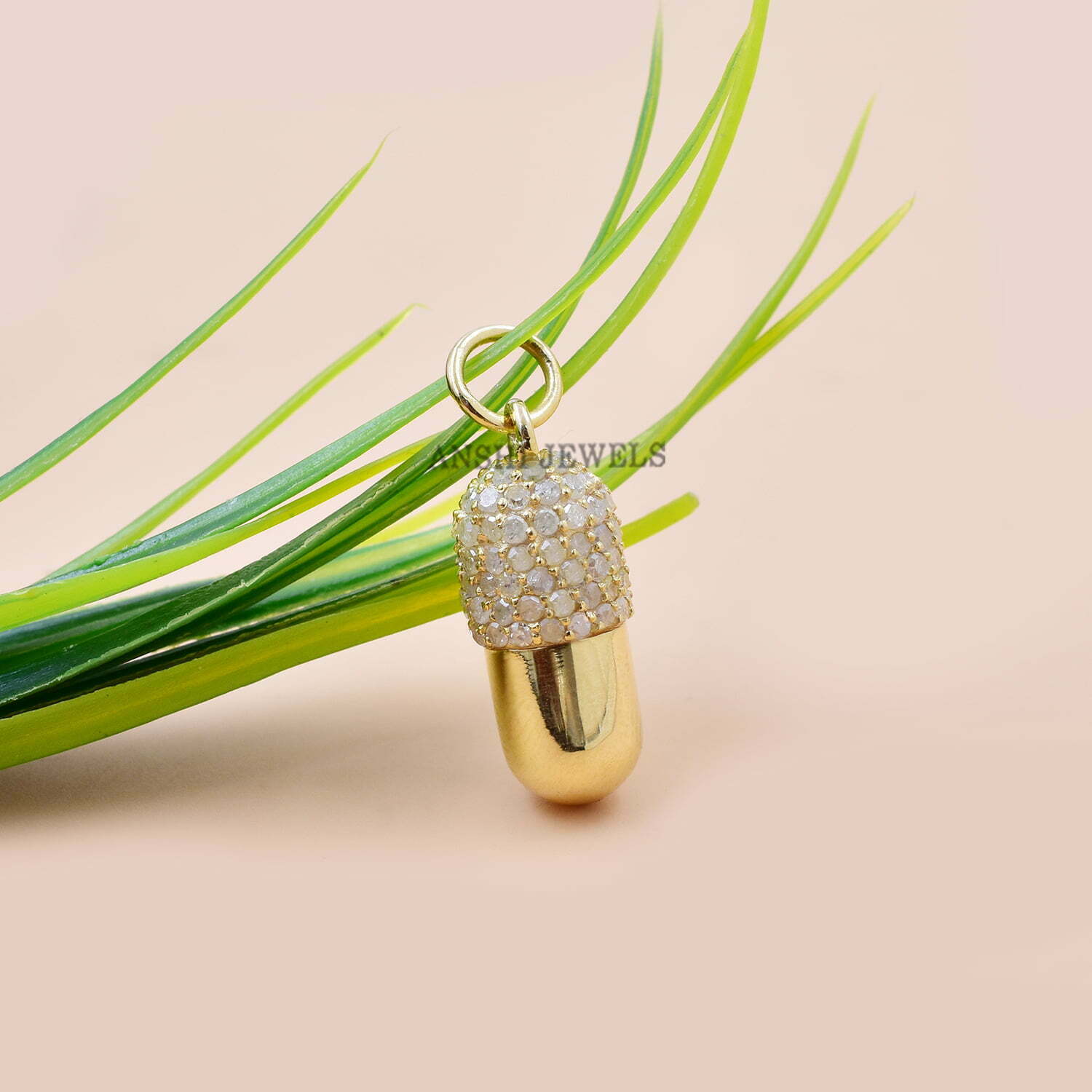 14K Rose Gold Pill Charm, Single Cut Diamond Pill Charm, Woman Capsule Charm, Designer Charm Jewelry, - Image 5