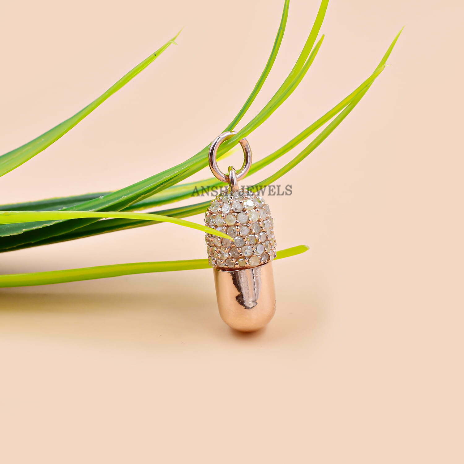 14K Rose Gold Pill Charm, Single Cut Diamond Pill Charm, Woman Capsule Charm, Designer Charm Jewelry,