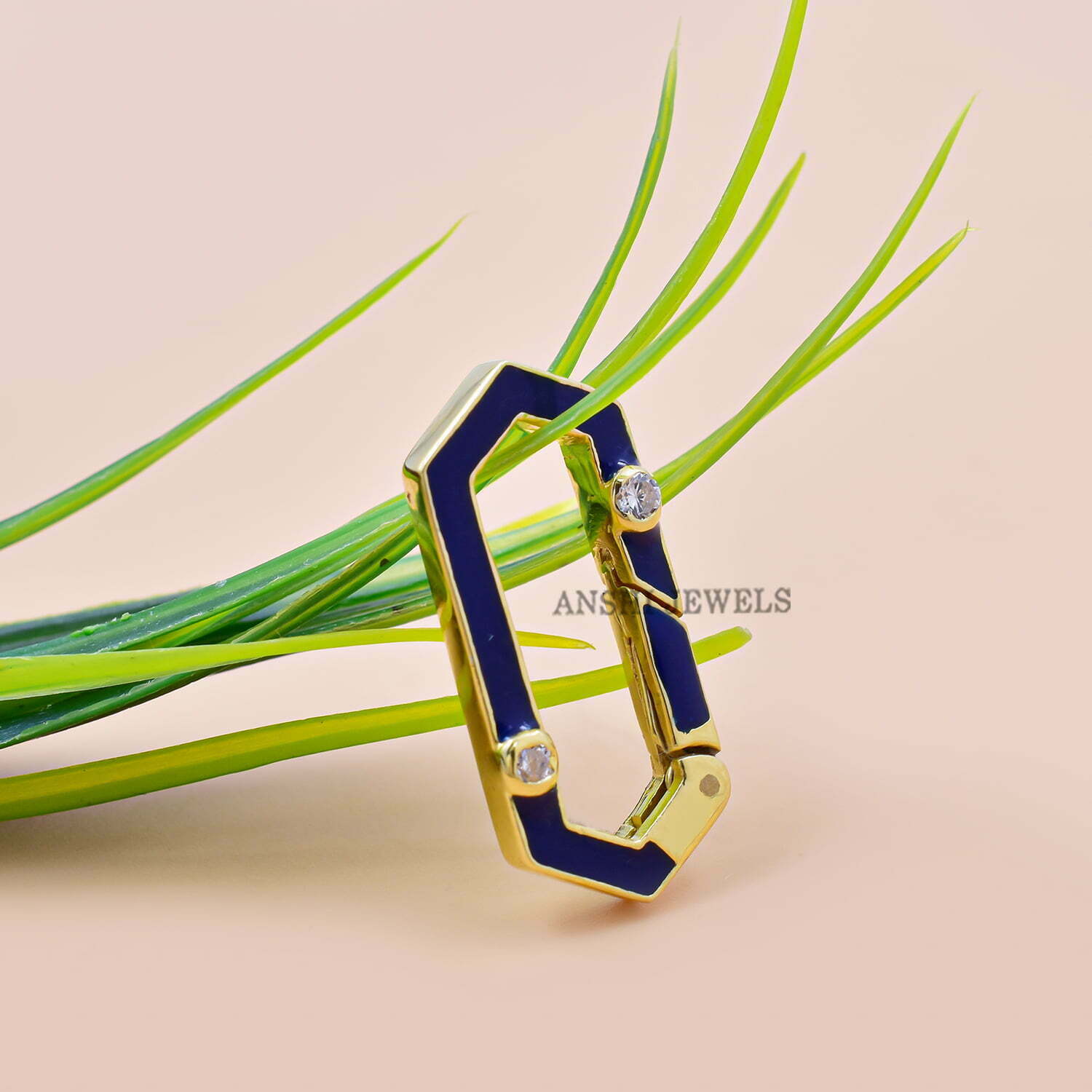 Blue Enamel Charm Enhancer Lock, 14K Yellow Gold Plated Hexagon Clasp Lock, Topaz hexagon Enamel Lock