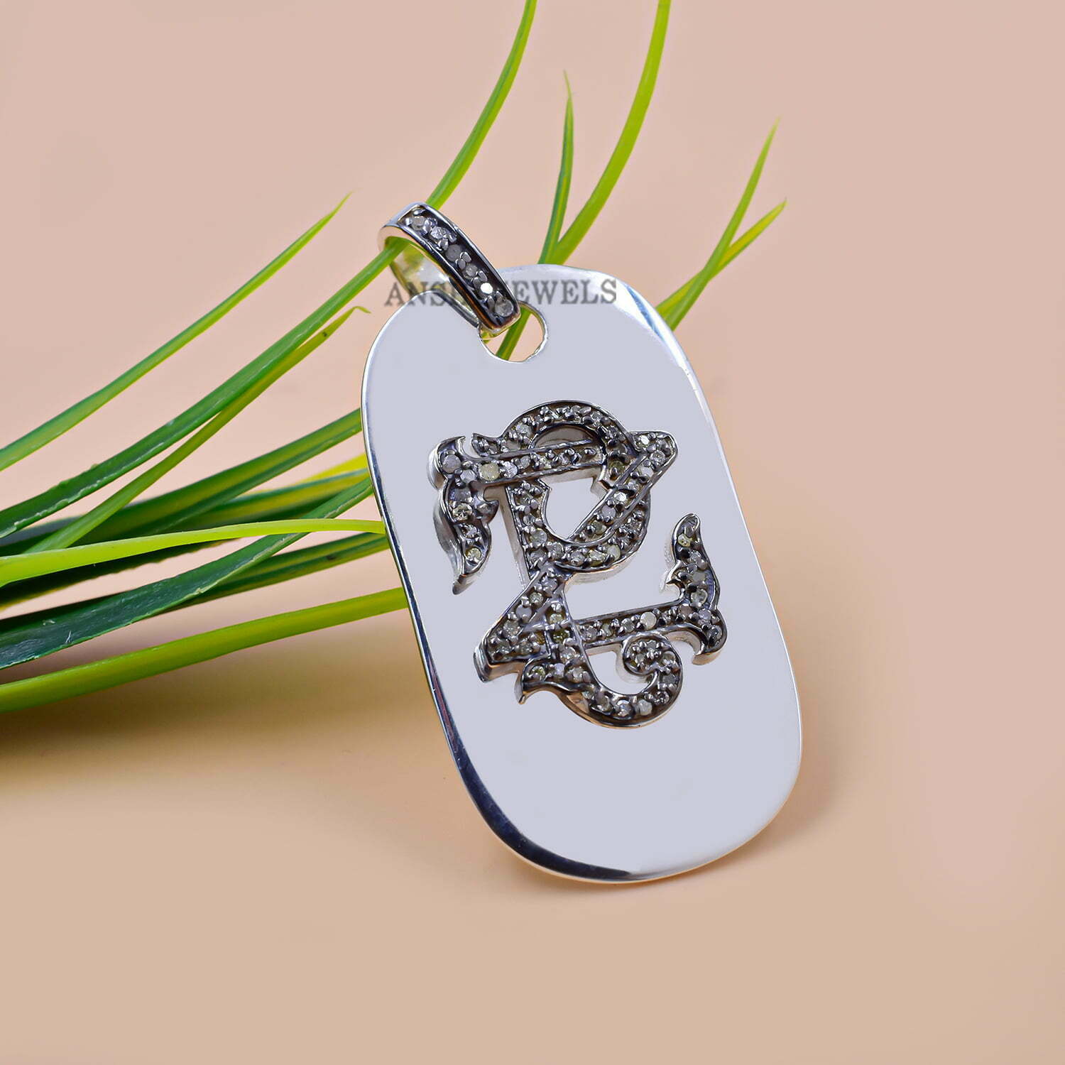 925 Silver & Gray Plated Dog Tag Pendant, Single Cut Diamond Letter Pendant, ZP-PZ Letter Monogram Pendant, All Alphabet Letter Pendant