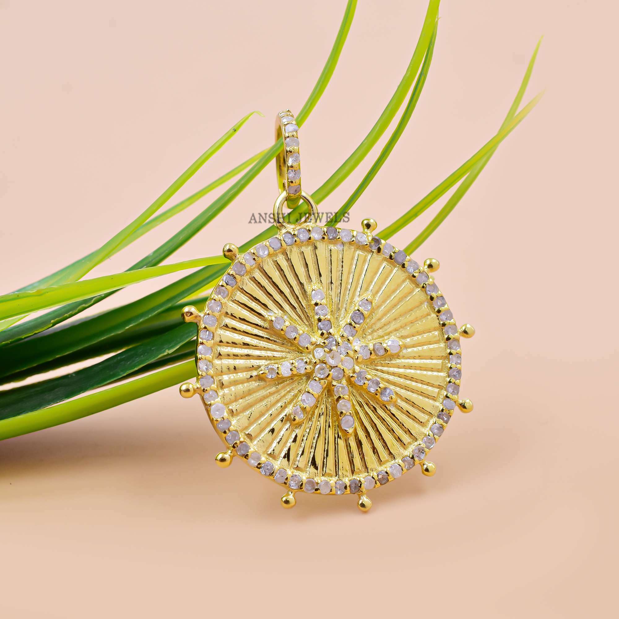 14K Yellow Gold Plated Diamond Pendant, Handmade Sunburst Pendant Jewelry