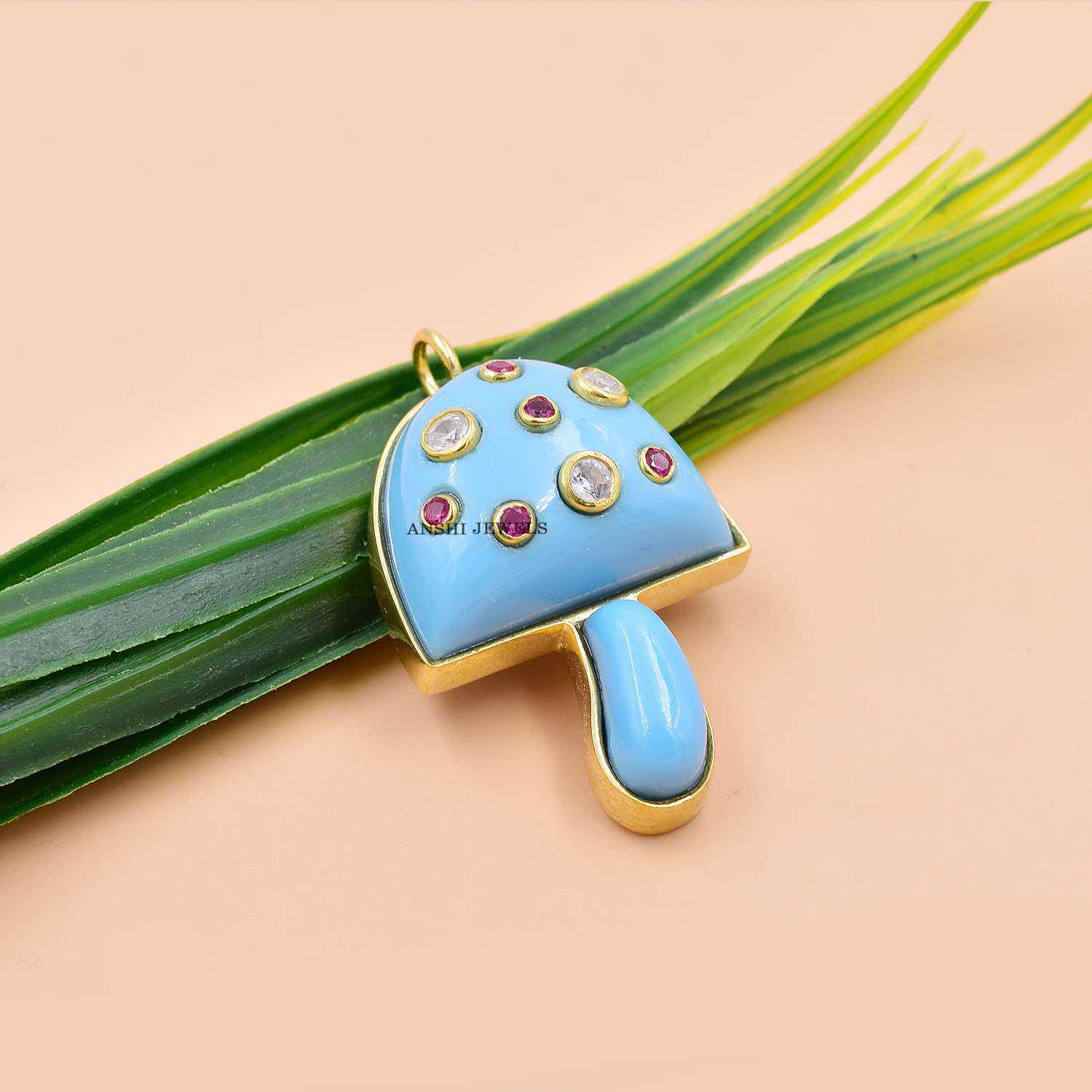 14k yellow Gold Plated Mushroom Pendant, White & Pink Topaz Turquoise Mushroom Pendant, Women Designer Pendant