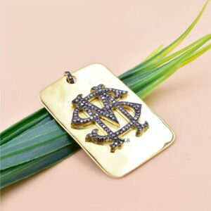 14K Yellow Gold Plated Pendant, Gray Plated Diamond Letter Pendant, SM-MS Dog Tag Pendant