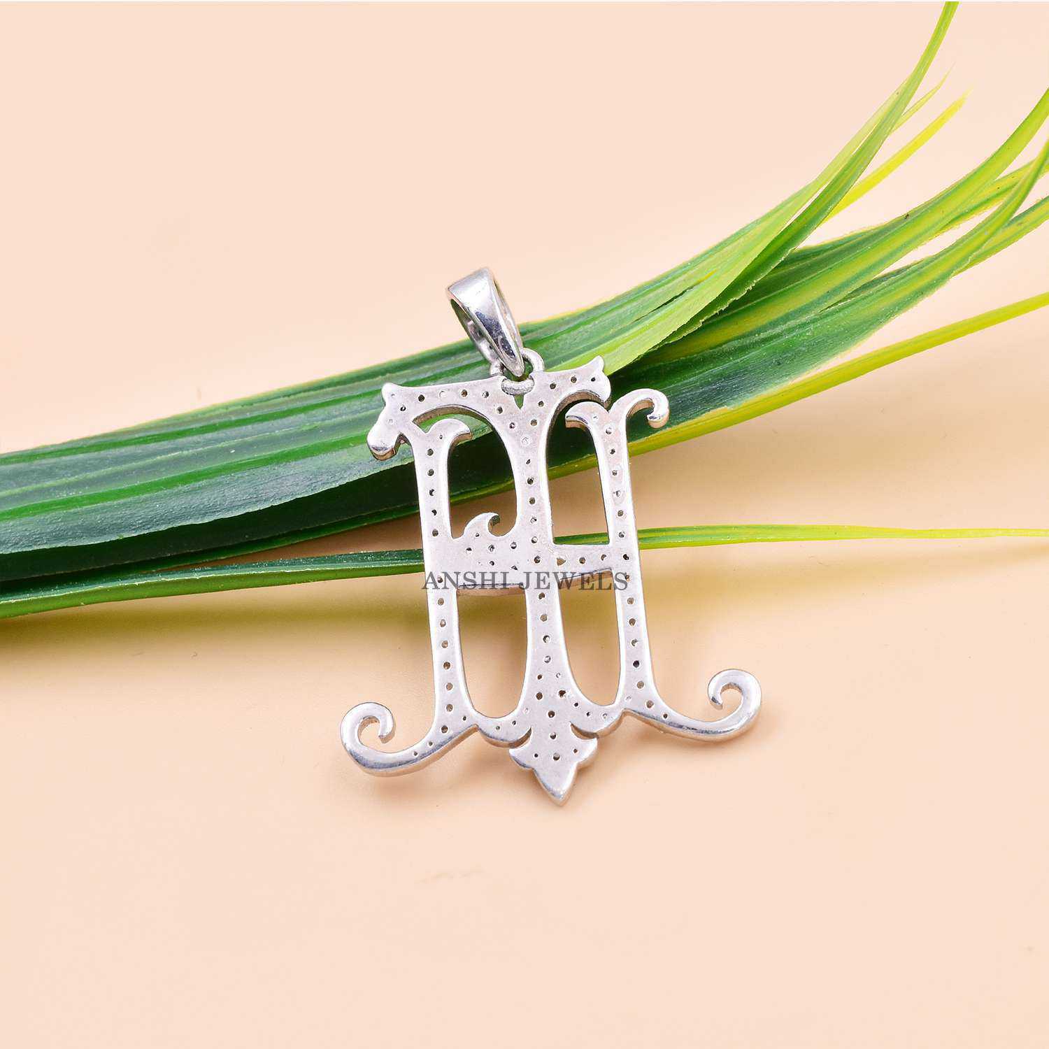 925 Silver Gray Plated Monogram, Pave Diamond FH-HF Monogram, Initial Letter Monogram - Image 3