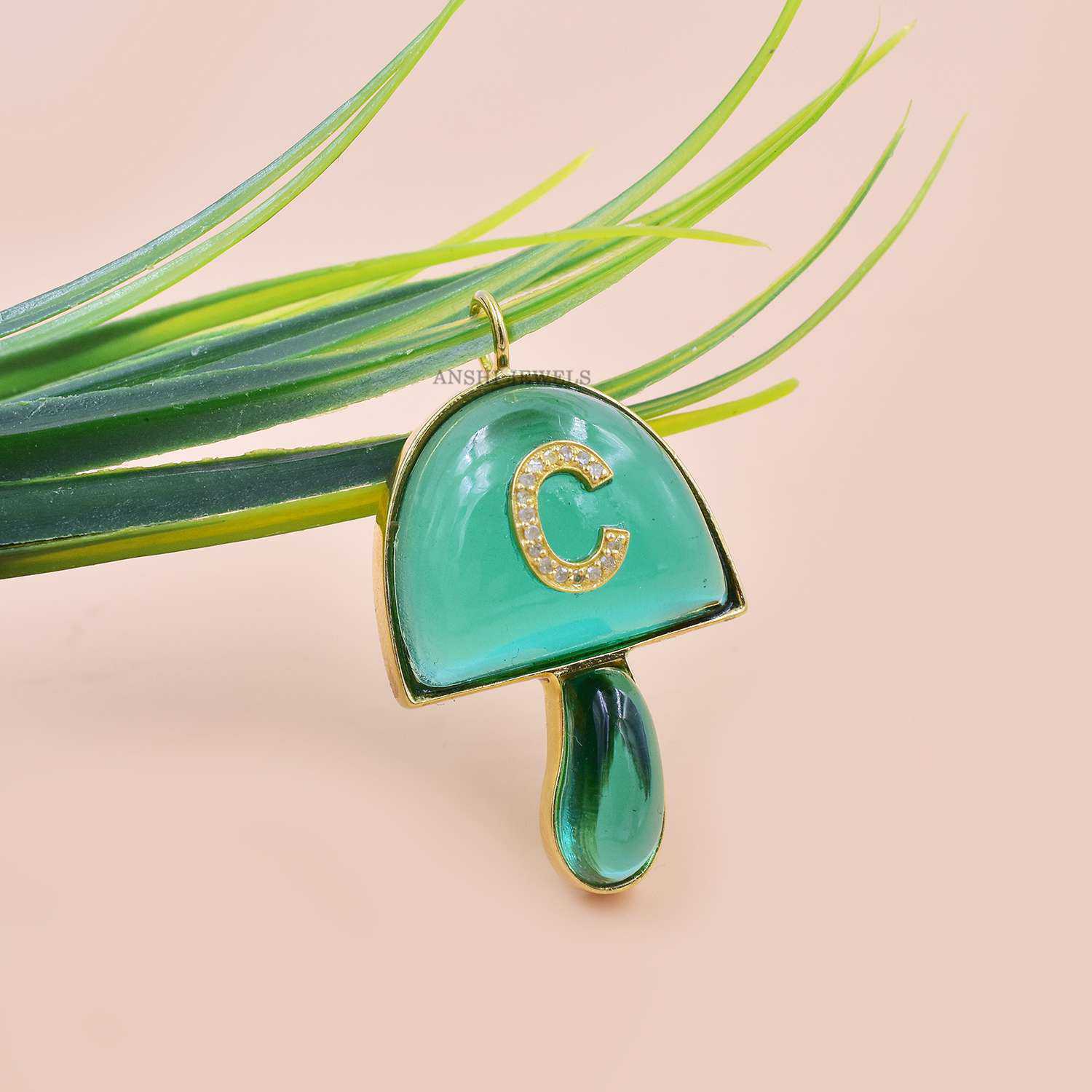 14K Yellow Gold Plated Green Hydra Mushroom Pendant,
