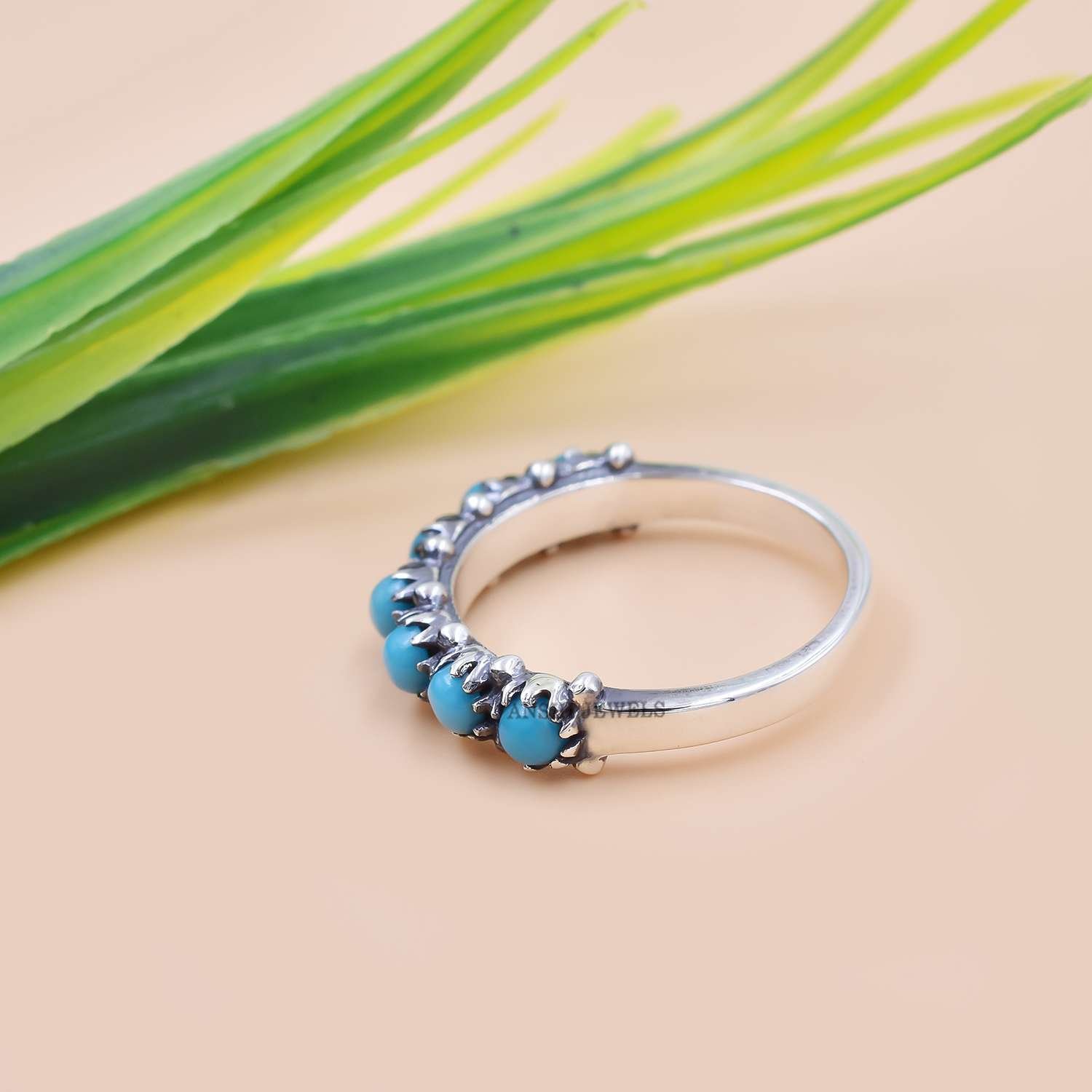 Engagement Band Ring, 925 Silver & Gray Plated Band Ring, Half Side Turquoise Band Ring - Image 3