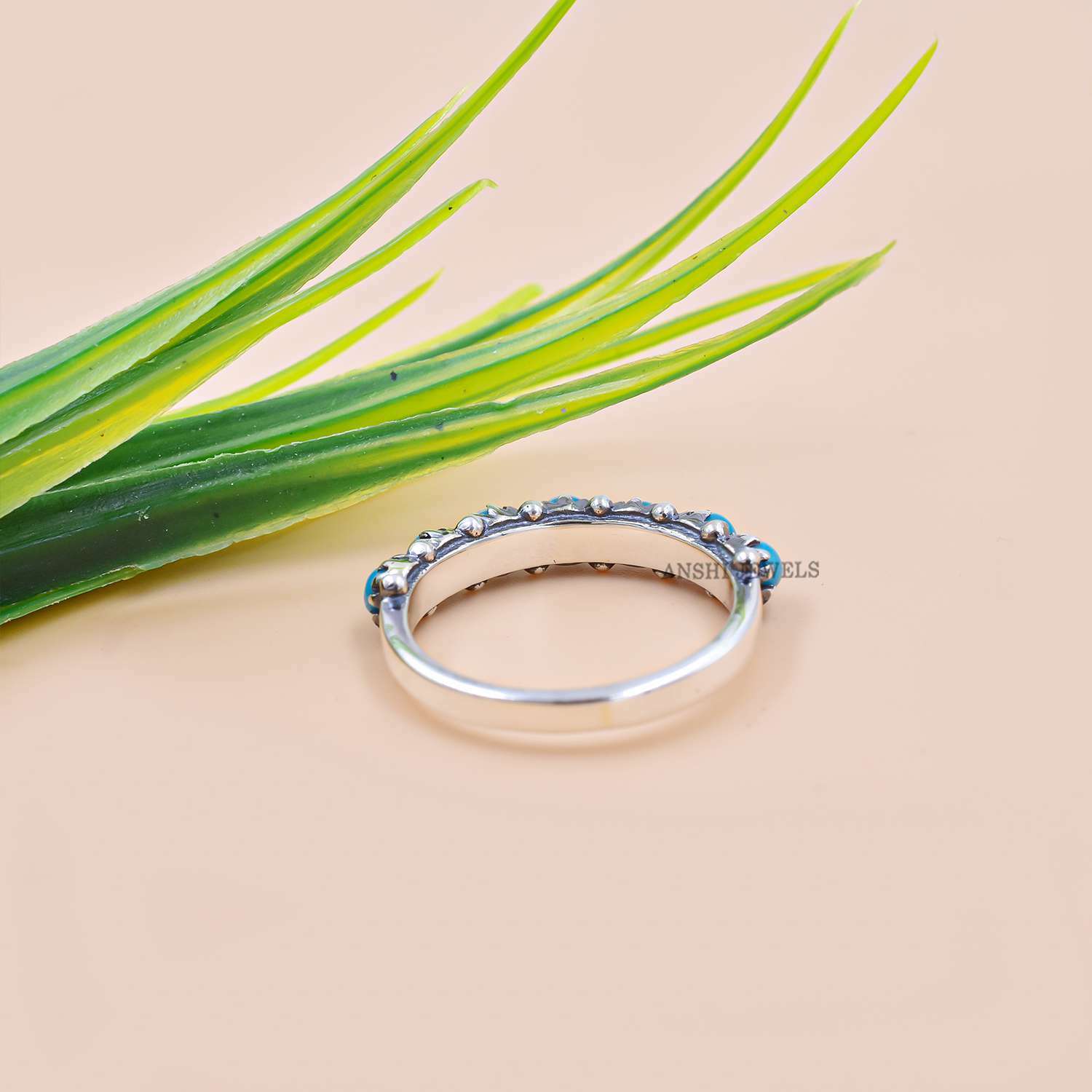 Engagement Band Ring, 925 Silver & Gray Plated Band Ring, Half Side Turquoise Band Ring - Image 4
