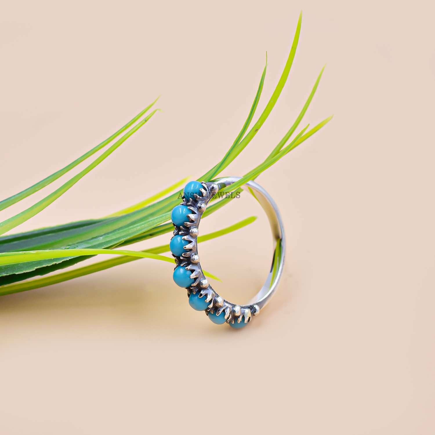 Engagement Band Ring, 925 Silver & Gray Plated Band Ring, Half Side Turquoise Band Ring