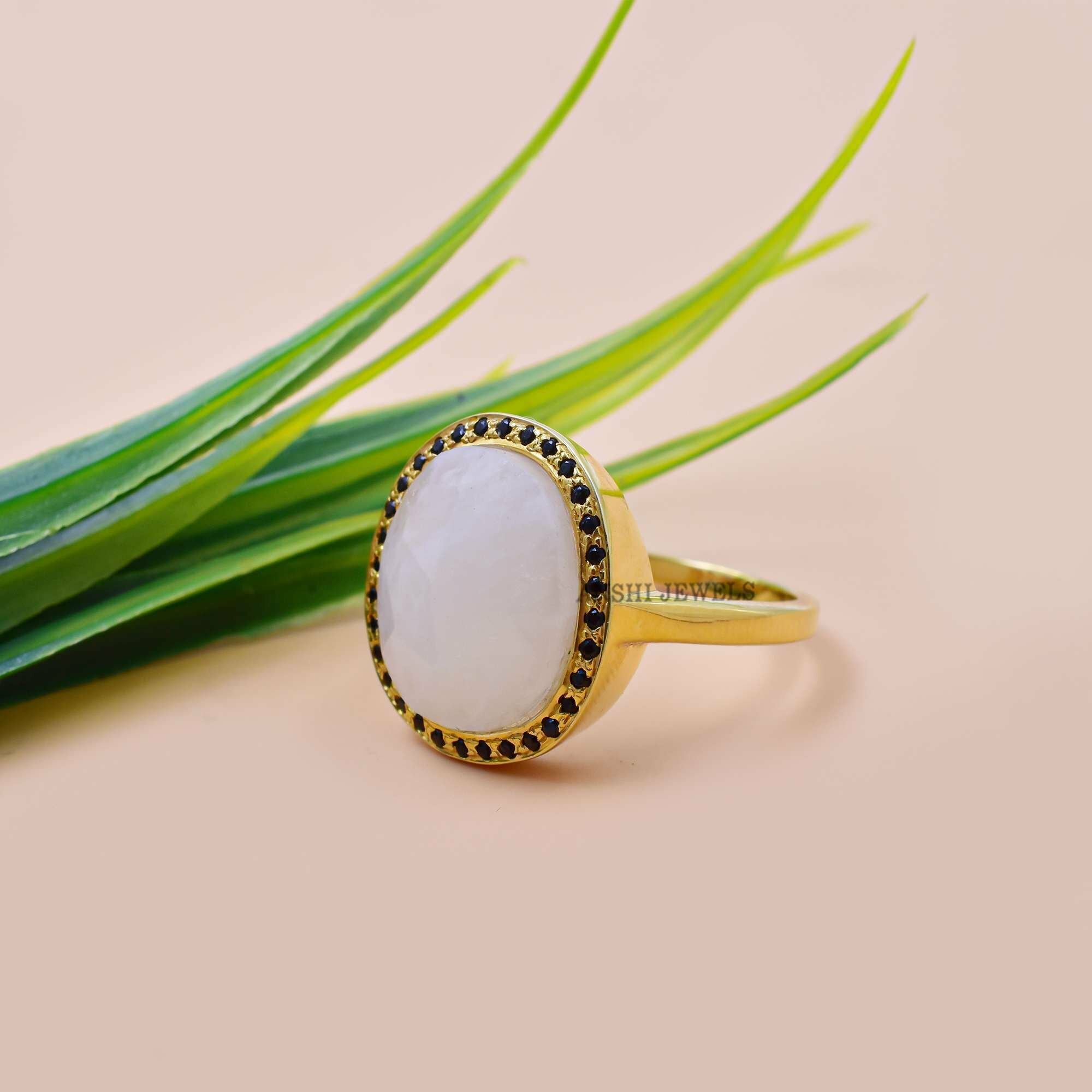 925 Silver Gold Plated Band Ring, Black Spinel Band Ring, Woman Designer Band Ring