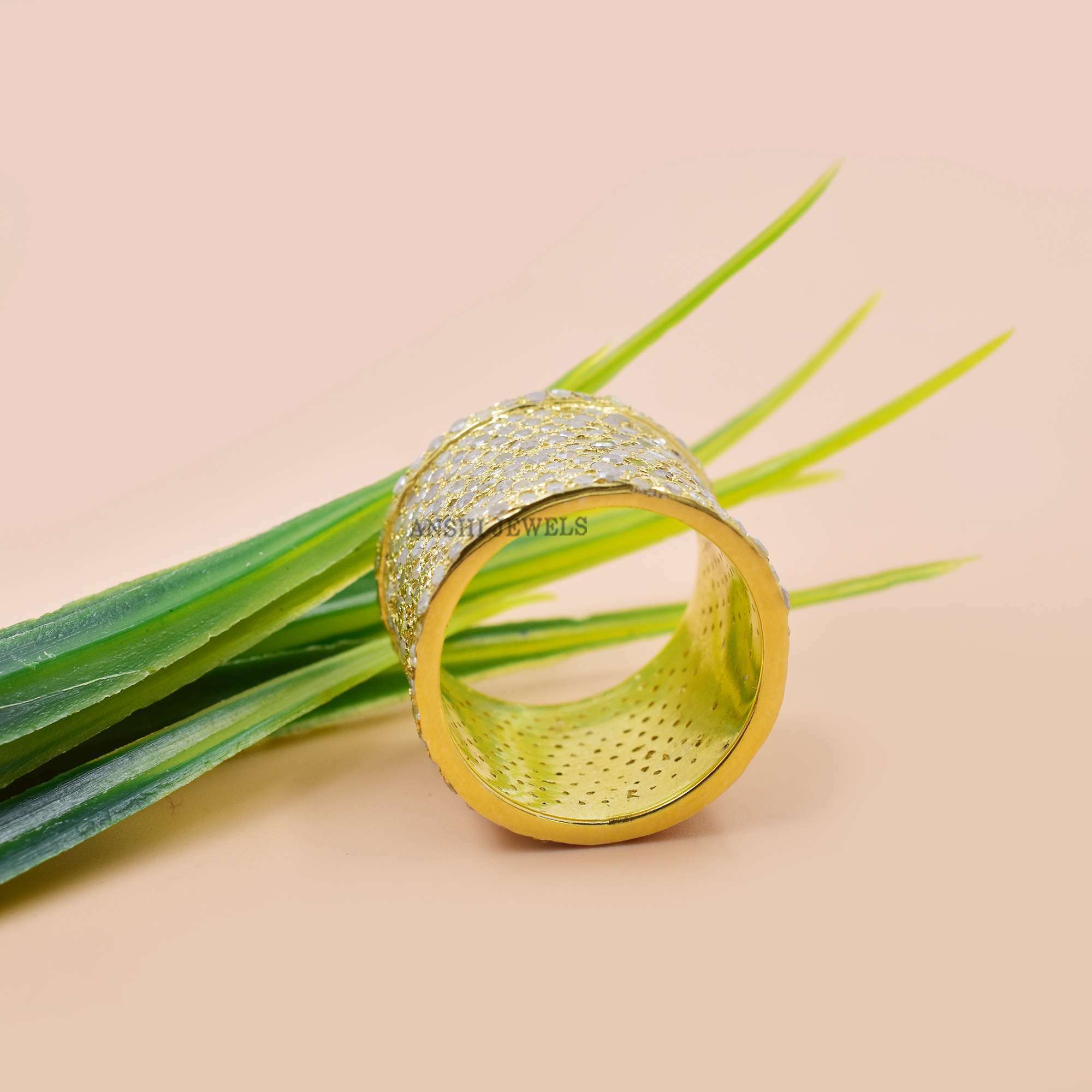 14K Yellow Gold Plated Cigar Band Ring, Diamond Cigar Band Ring, 925 Silver Large Cigar Ring - Image 3