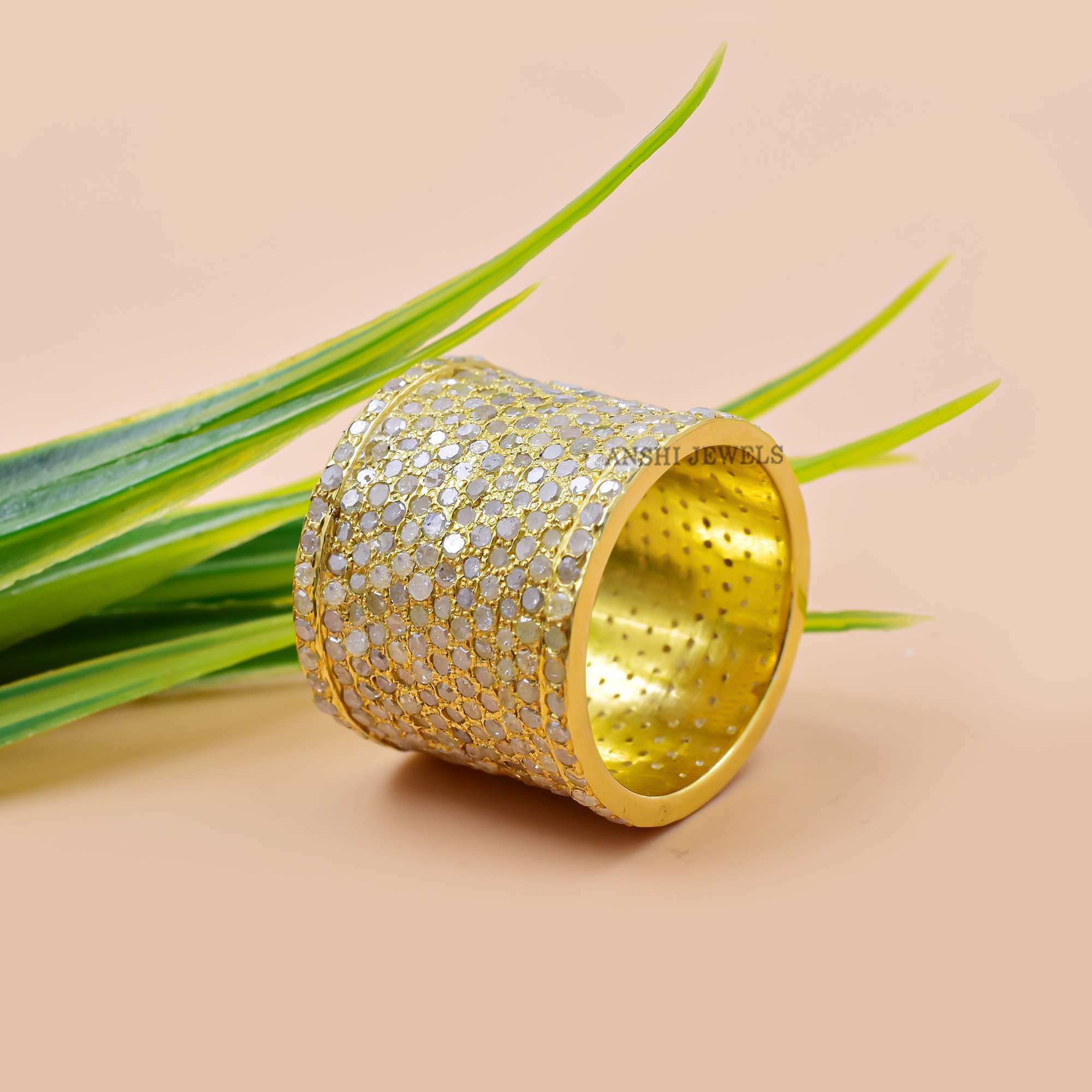 14K Yellow Gold Plated Cigar Band Ring, Diamond Cigar Band Ring, 925 Silver Large Cigar Ring