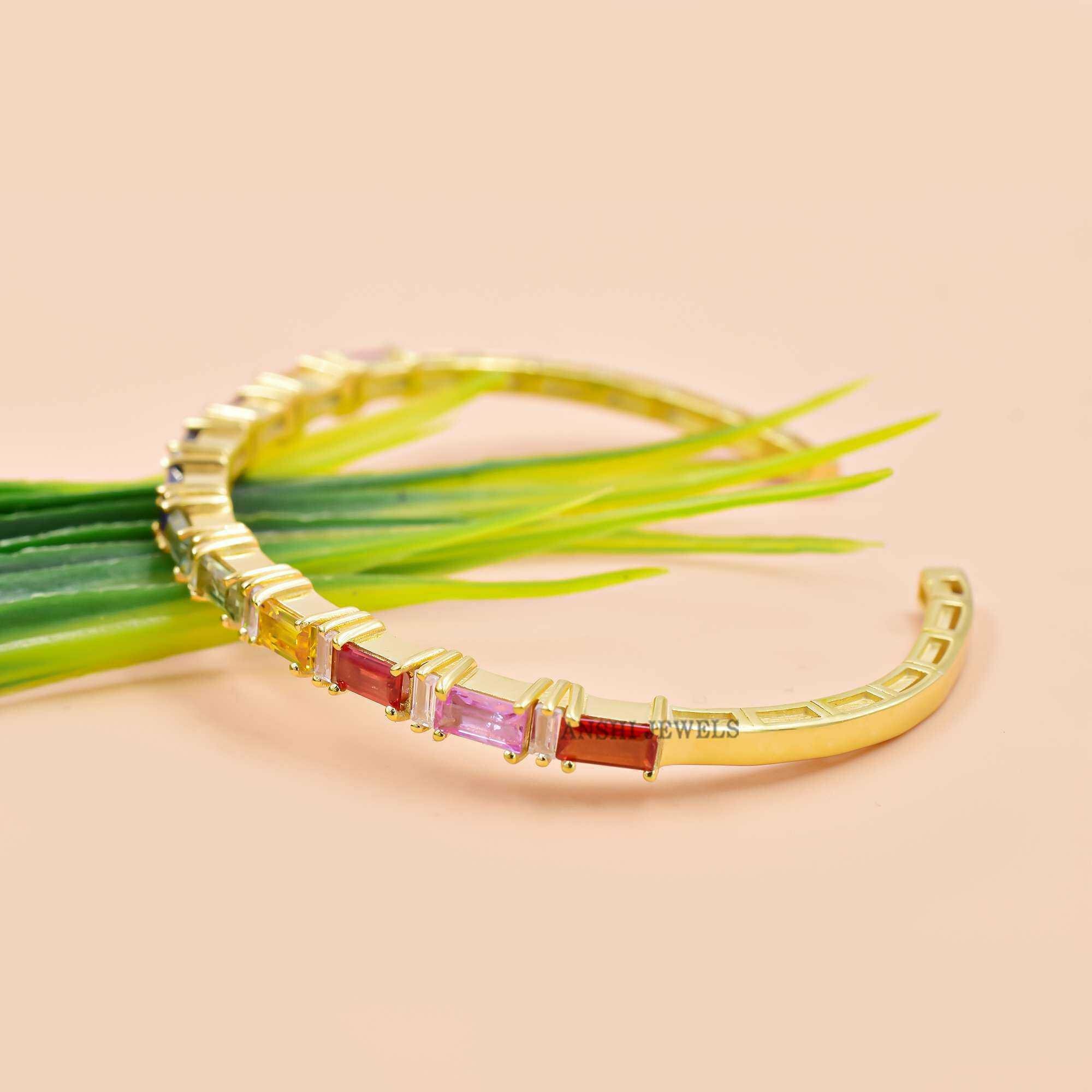 Multi Sapphire Baguette 14K Yellow Gold Plated Cuff Bracelet, Designer Baguette Cuff Bracelet - Image 3