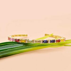 Multi Sapphire Baguette 14K Yellow Gold Plated Cuff Bracelet, Designer Baguette Cuff Bracelet