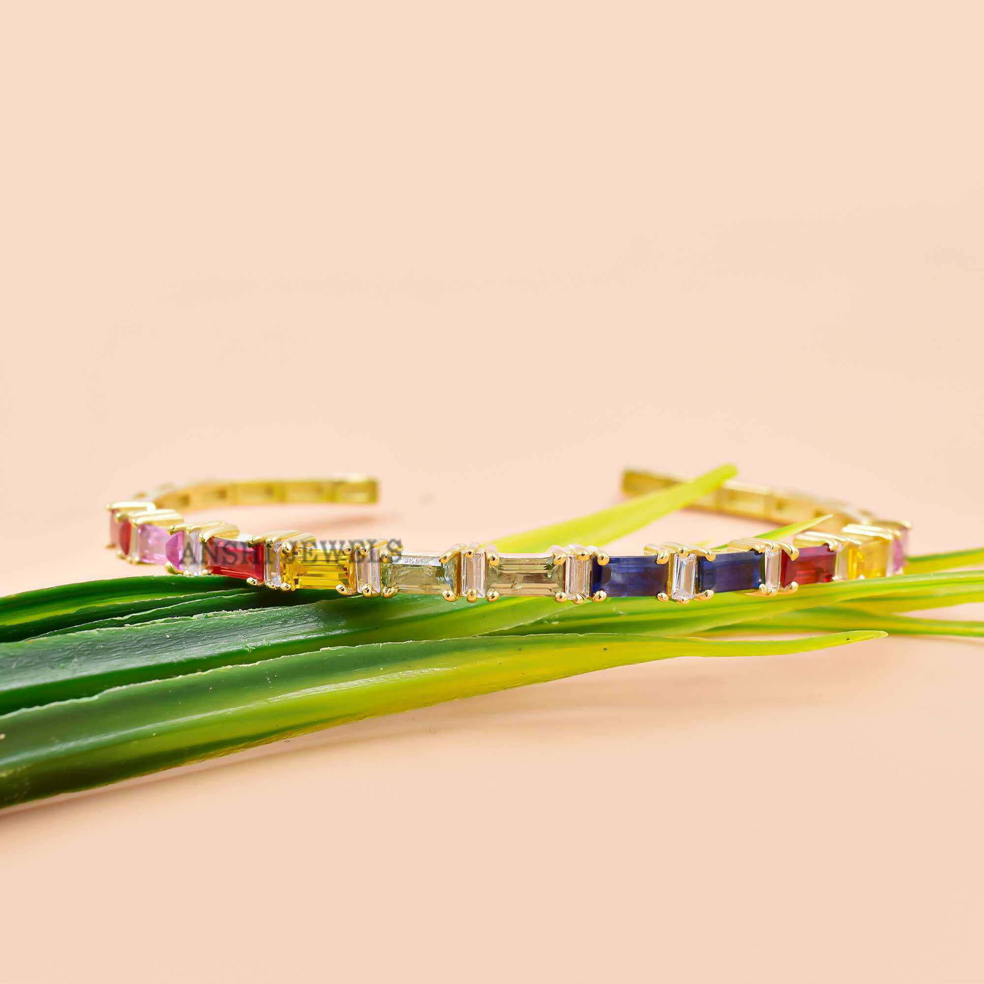 Multi Sapphire Baguette 14K Yellow Gold Plated Cuff Bracelet, Designer Baguette Cuff Bracelet