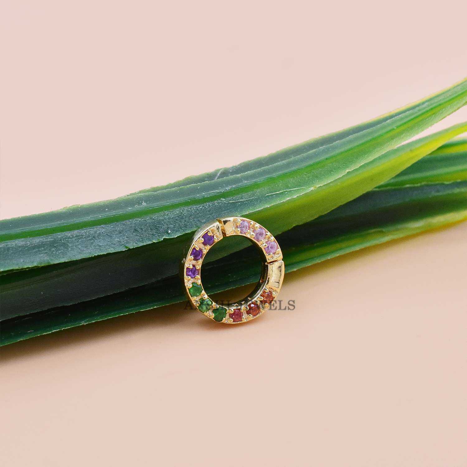 14k yellow gold round enhancer lock, multi stone mini clasp lock - Image 3