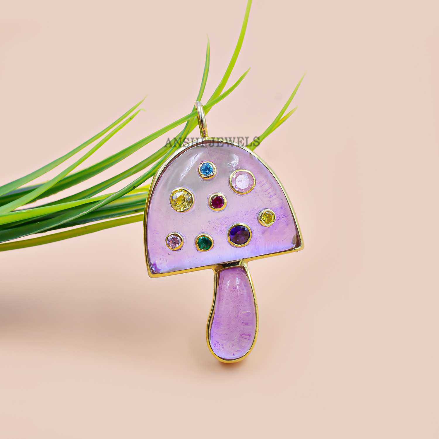 14K Yellow Gold Plated Mushroom Pendant, Amethyst Color Hydro Mushroom Pendant