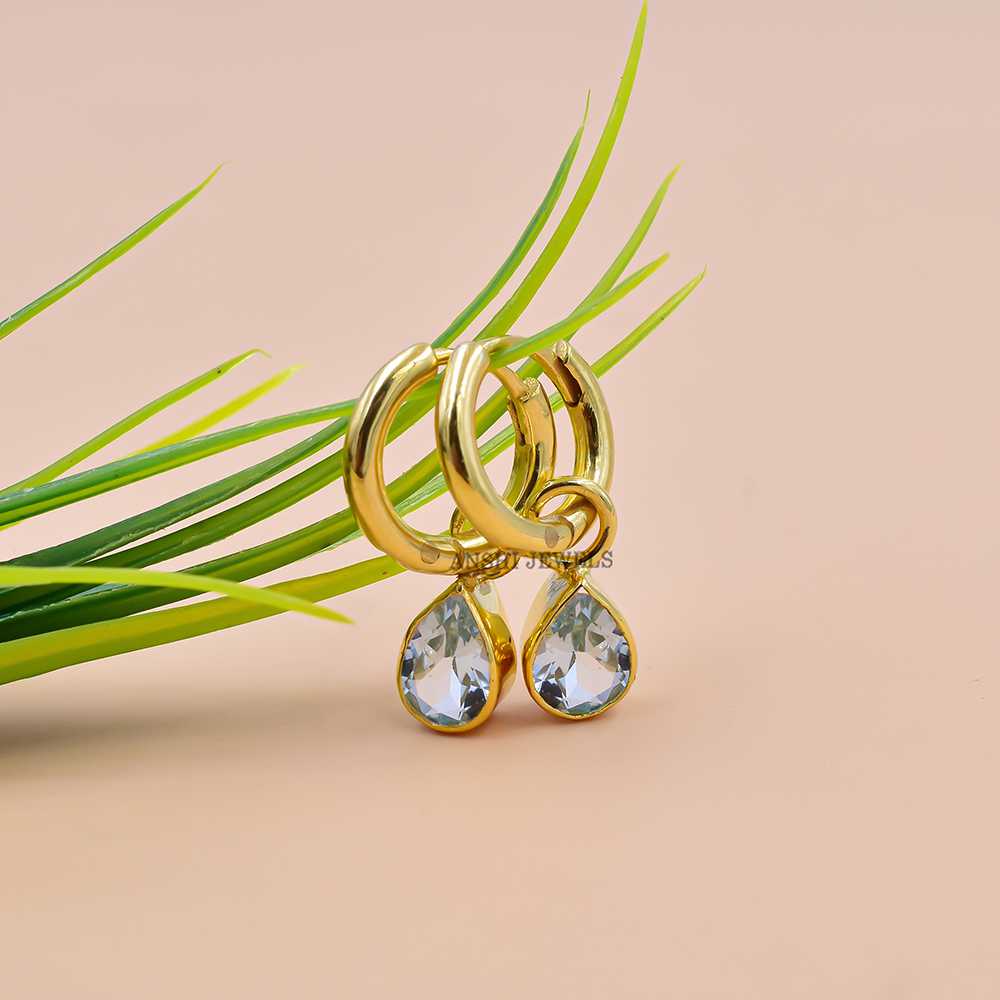 14K Yellow Gold Plated Blue Topaz Hoop Earring