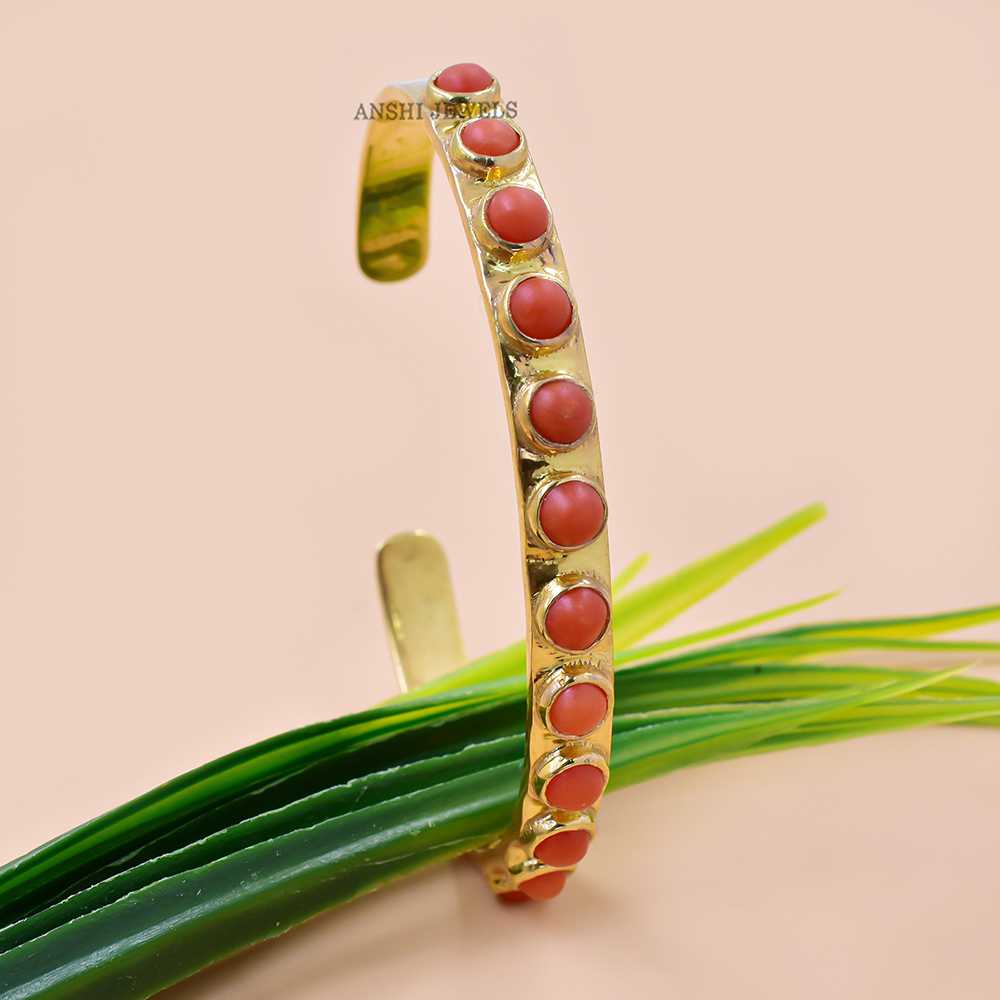 14K Yellow Gold Plated Coral Cuff Bangle Jewelry - Image 3