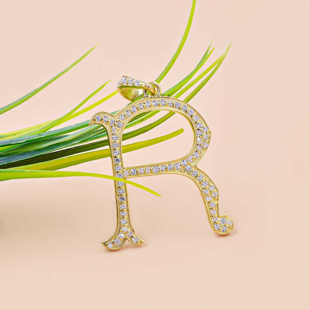 14K Gold Plated Cubic R Zircon Letter Pendant