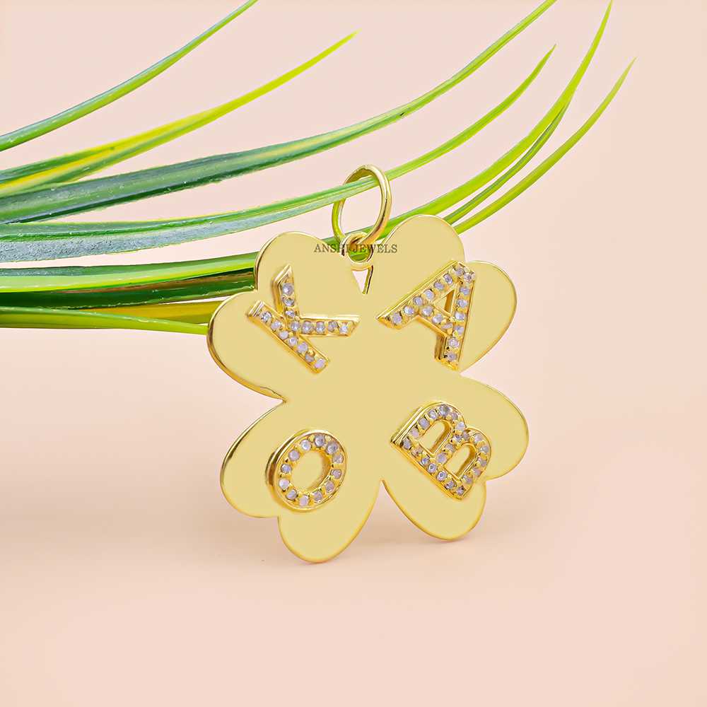 14K Gold Plated Diamond Letter Clover Pendant
