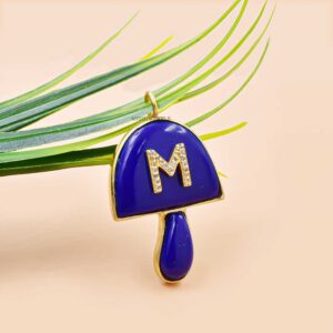 14K Yellow Gold Plated Lapis Diamond M Letter Mushroom