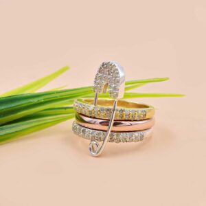 Silver Diamond Safety Pin Connector Ring Jewelry