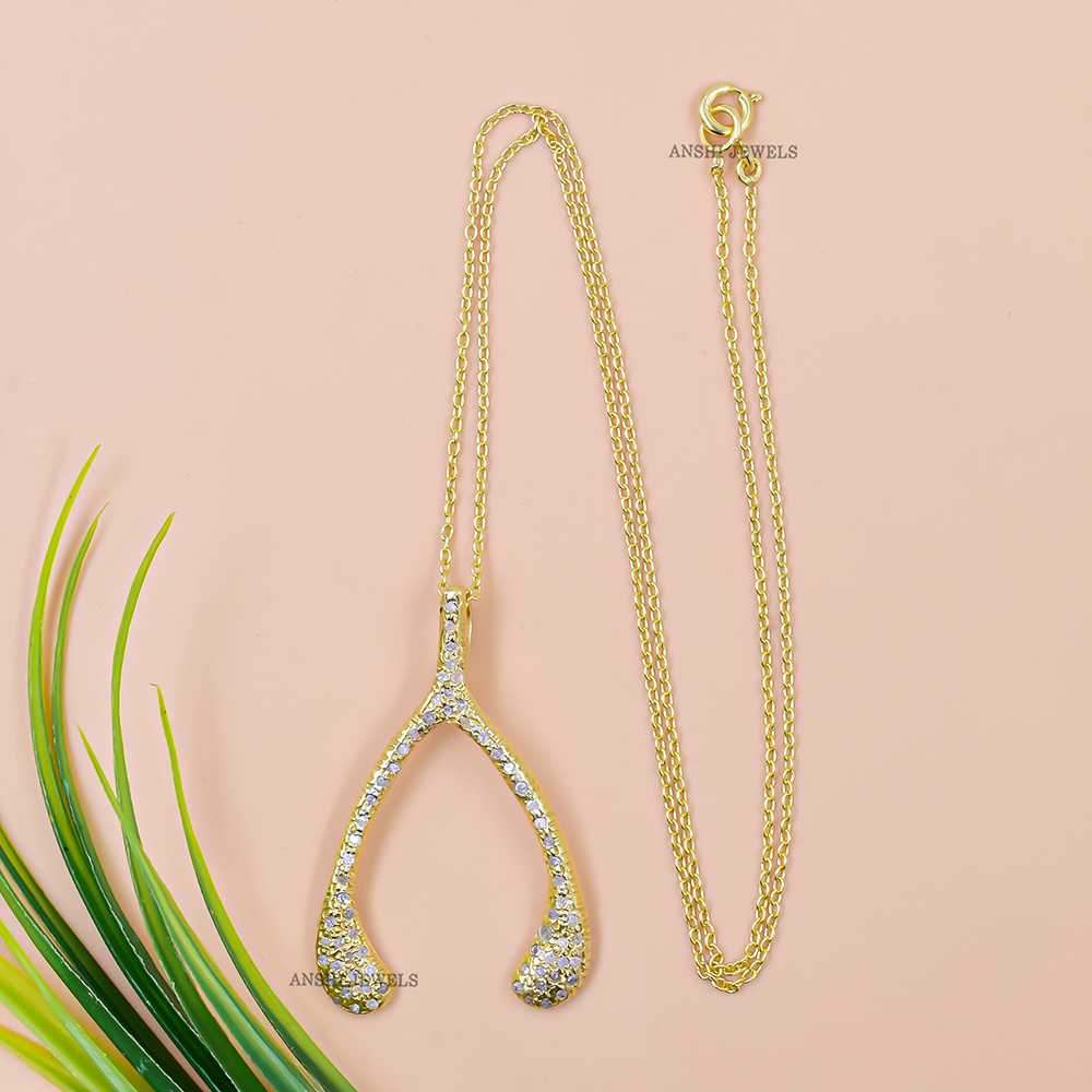 14K Gold Plated Diamond Wishbone Necklace - Image 4