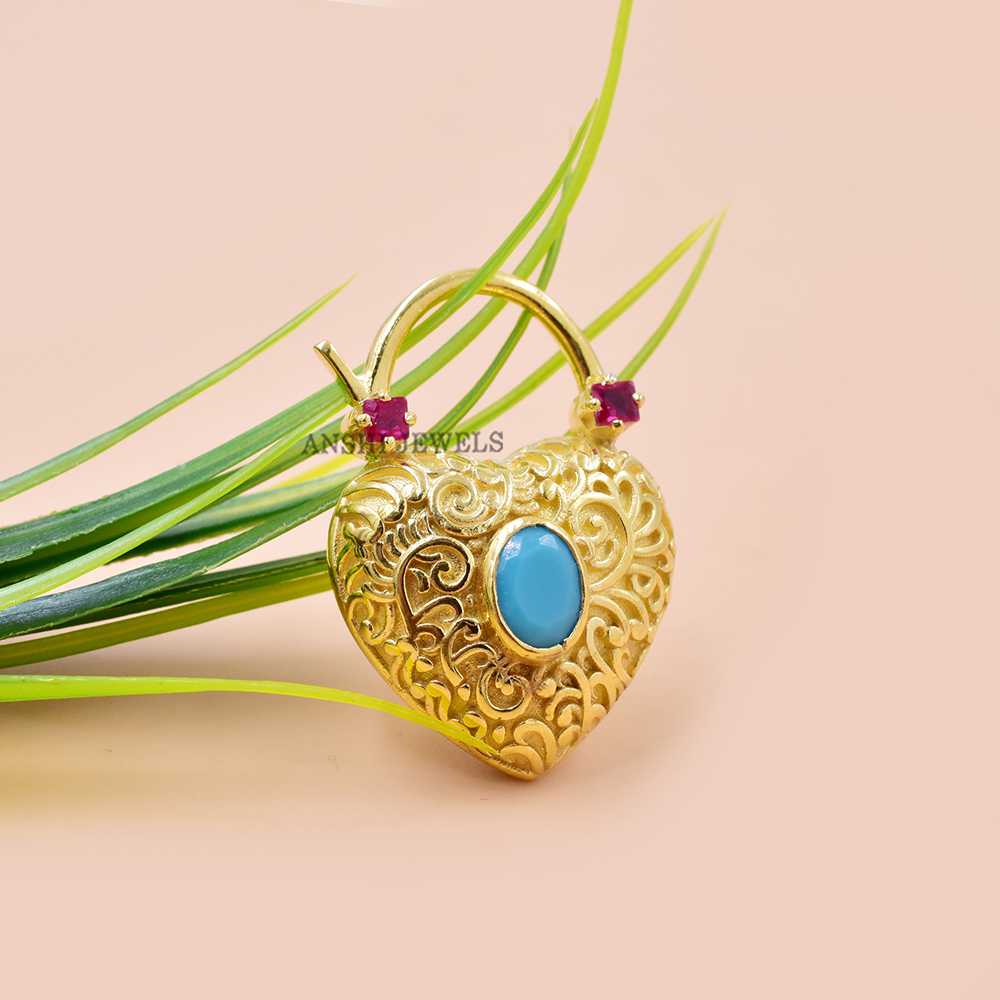 14K Yellow Gold Plated Turquoise Heart Padlock