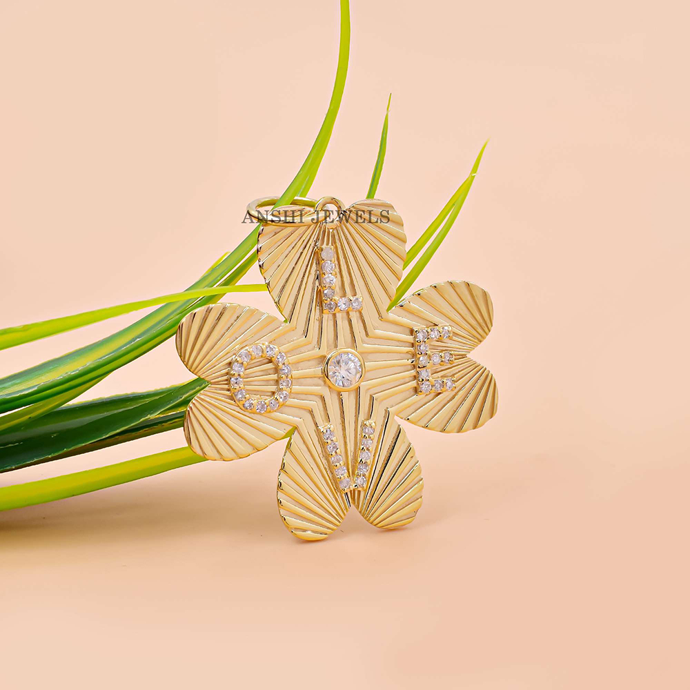 14K Yellow Gold Diamond Clover Pendant Love Letter Pendant Jewelry