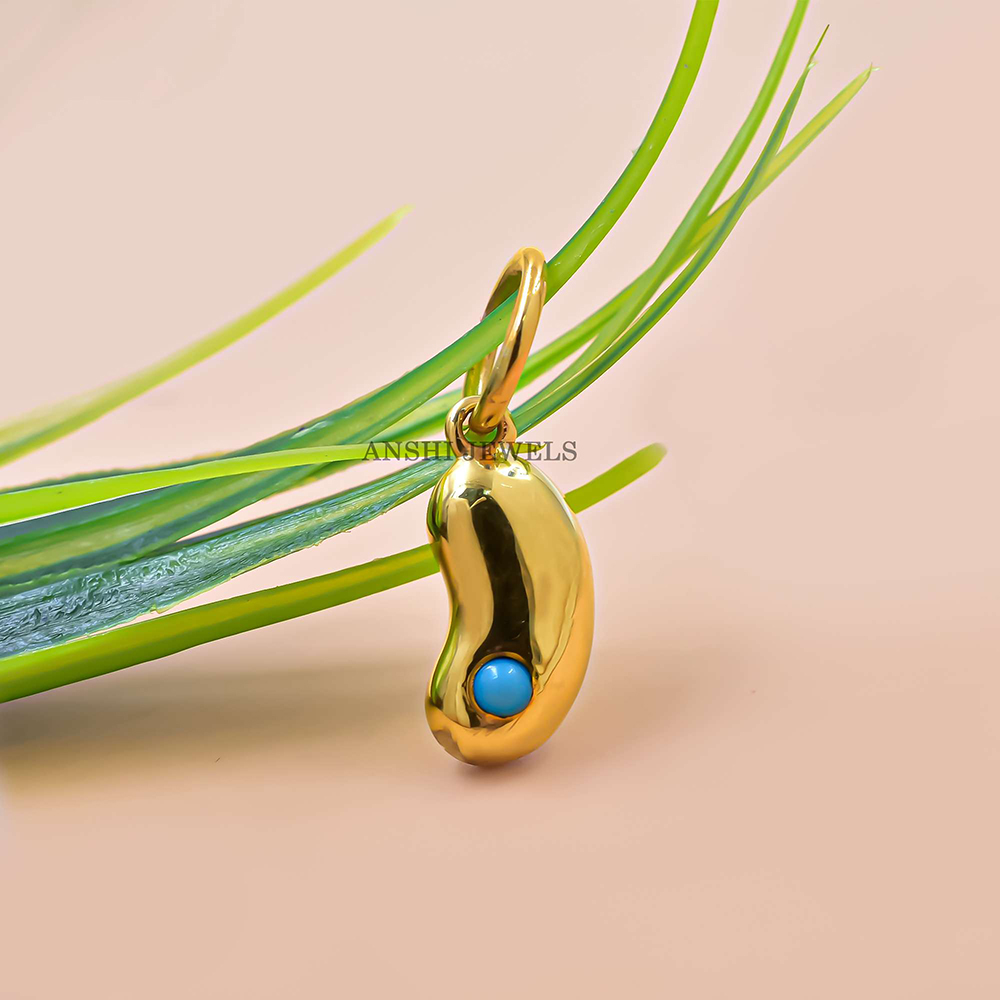 14K Yellow Gold Plated Bean Charm Turquoise Bean Charm Pendant Jewelry