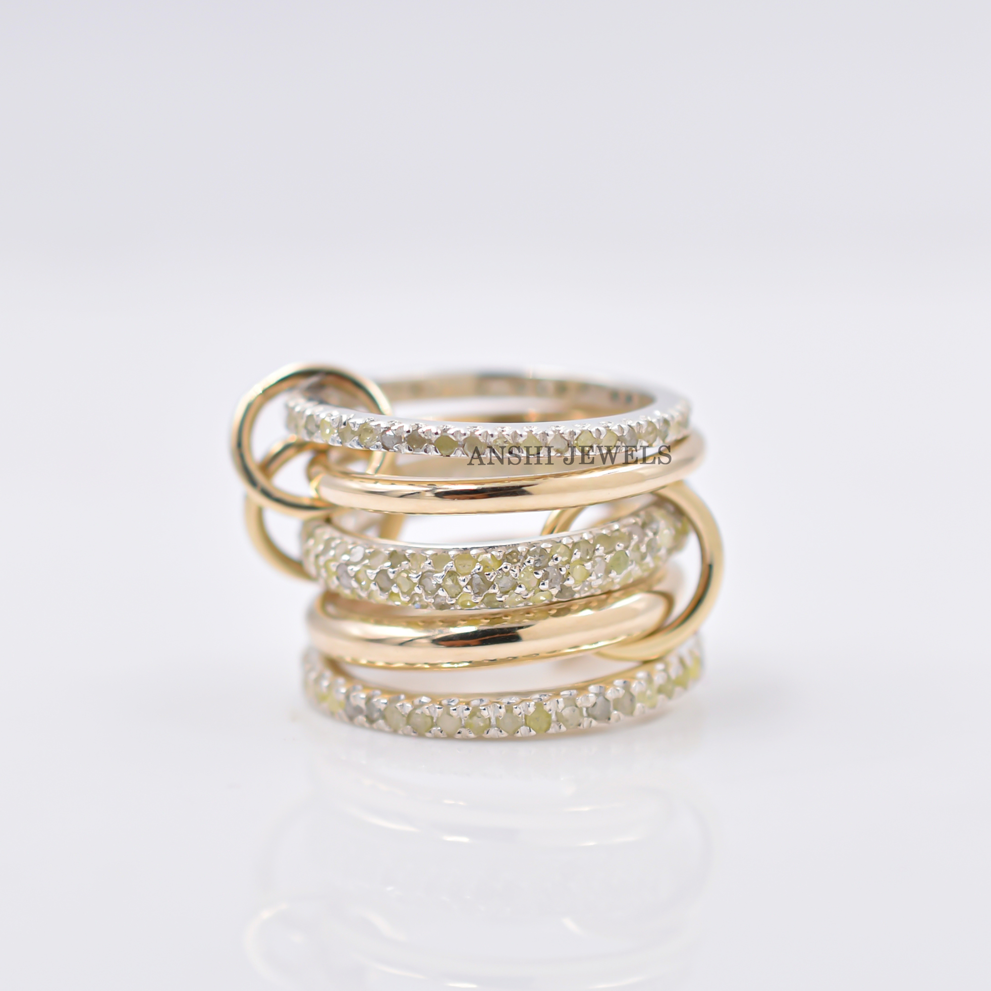 9K Yellow Gold & Silver Diamond 5 Set Band Ring