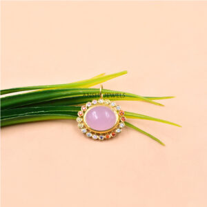 Soft Pink Rose Quartz Oval Charm with CZ Detail Sterling Silver Pendant