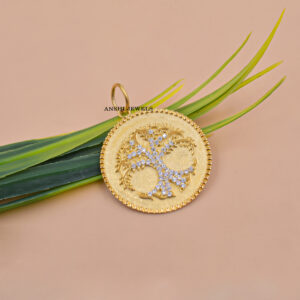 14K Gold Plated Tree of Life Moissanite Pendant – Round Charm Silver Jewelry