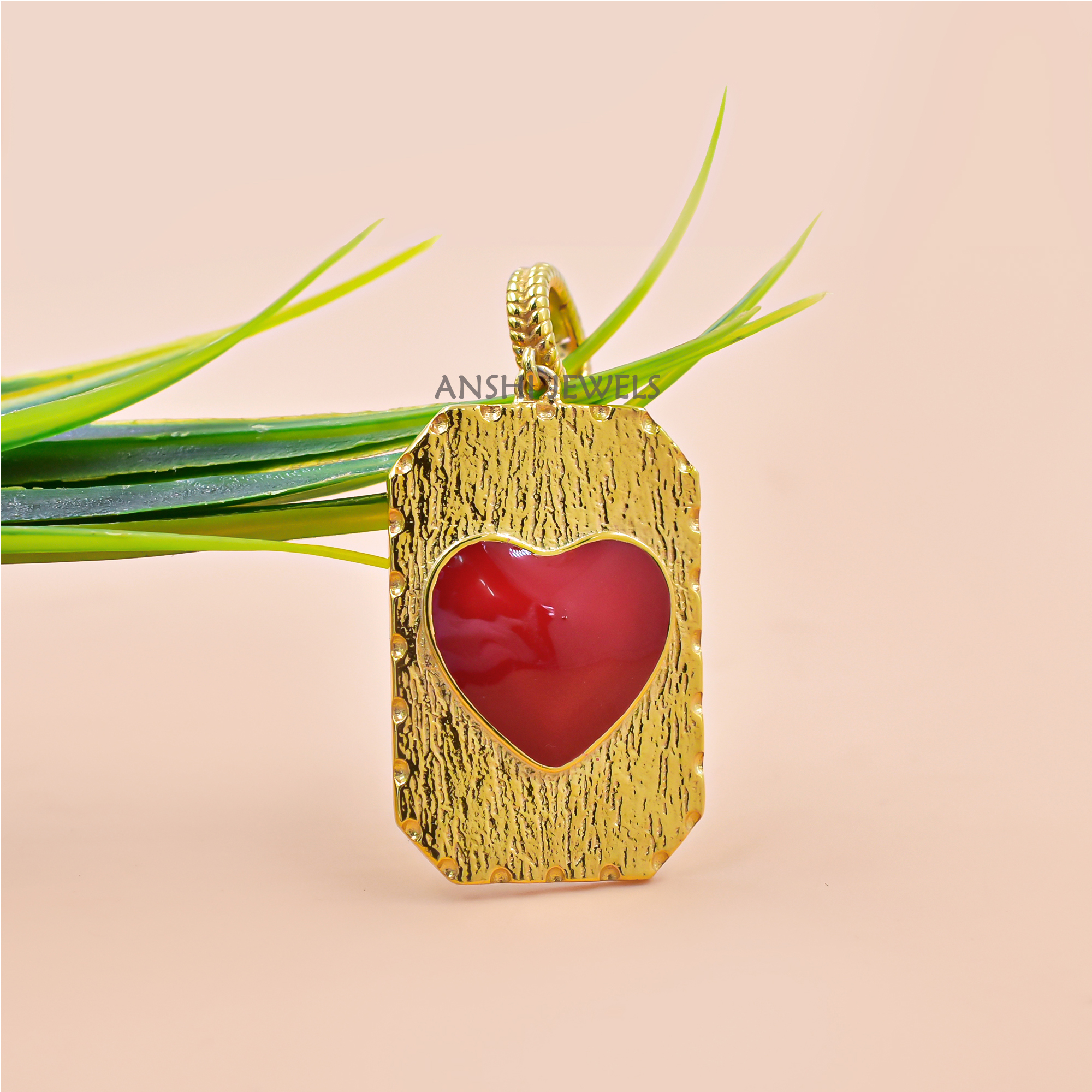 Textured Red Enamel Heart Pendant in Gold Plated Sterling Silver Jewelry