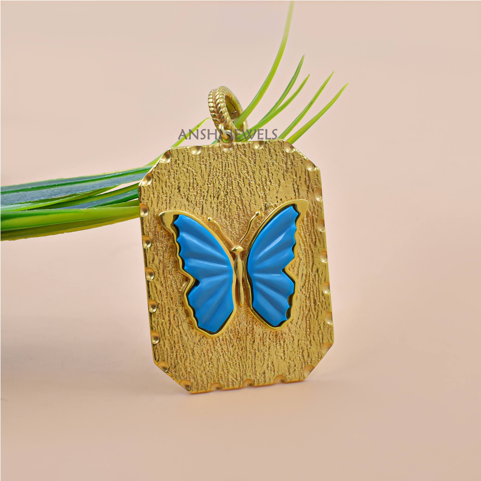 Elegant Designer Turquoise Butterfly Pendant in Gold Plated Sterling Silver